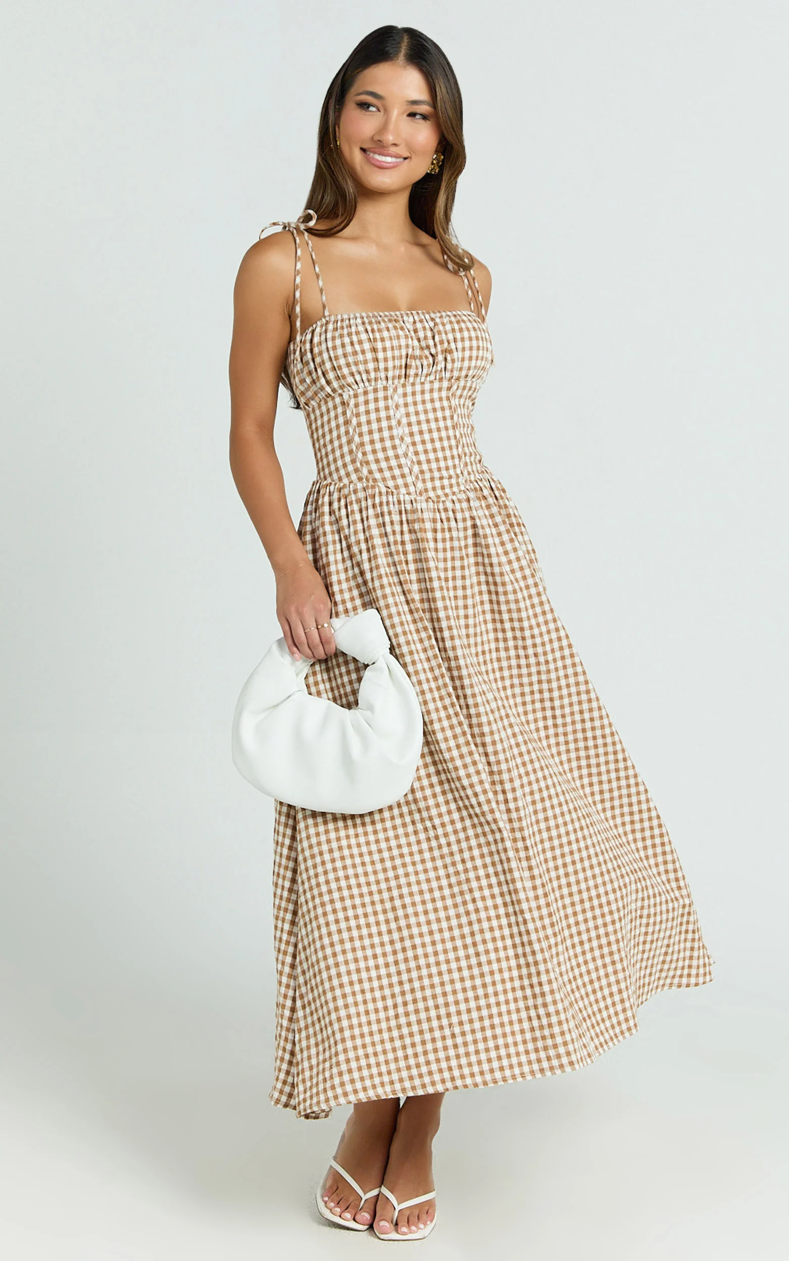 Austin Midi Dress - Straight Neck Gathered Bust Fitted Corset Drop Waist Gathered Skirt Dress in Caramel and White Gingham