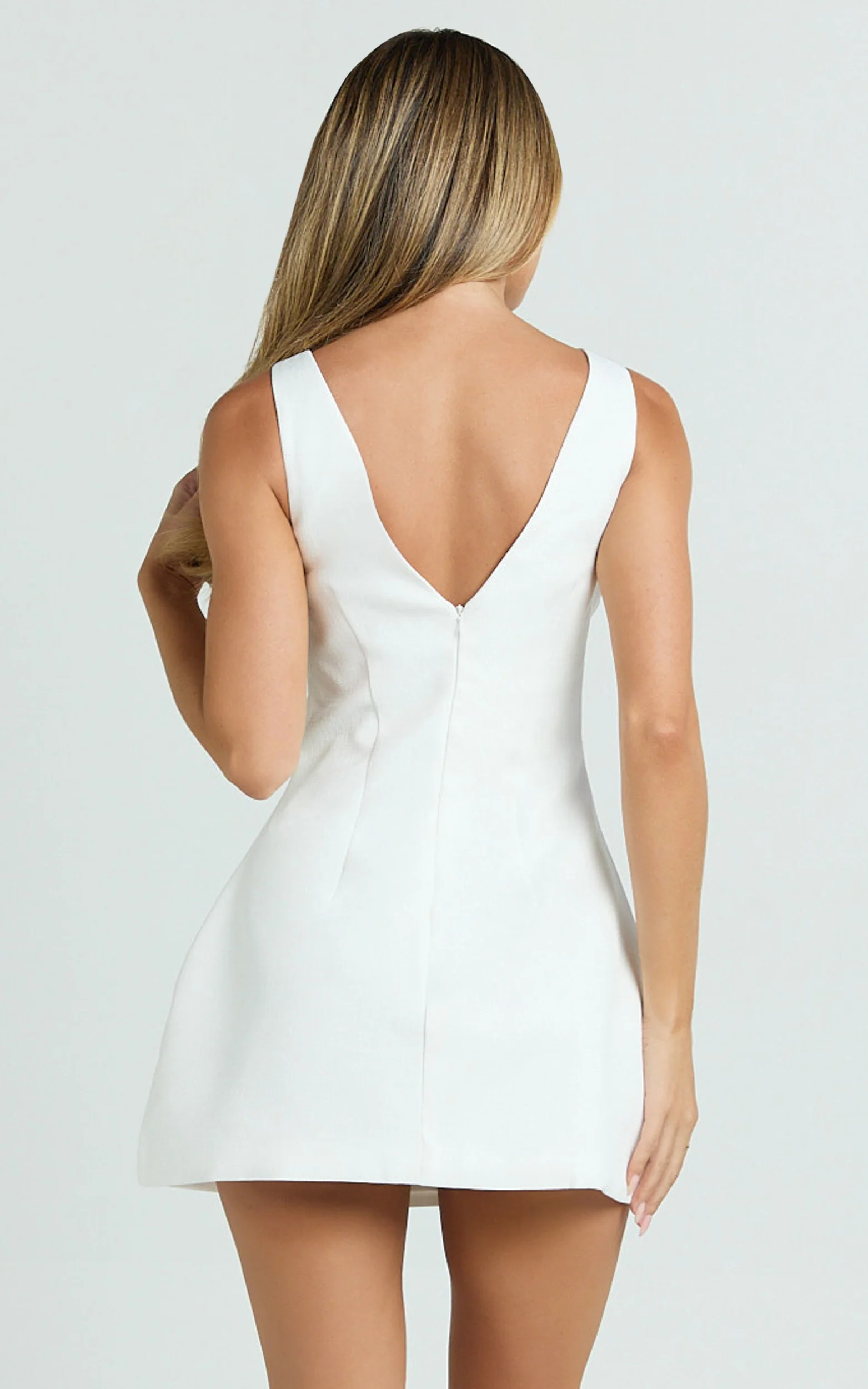 Raquelle Mini Dress - Boucle Boat Neck V Back Fit and Flare Dress in White