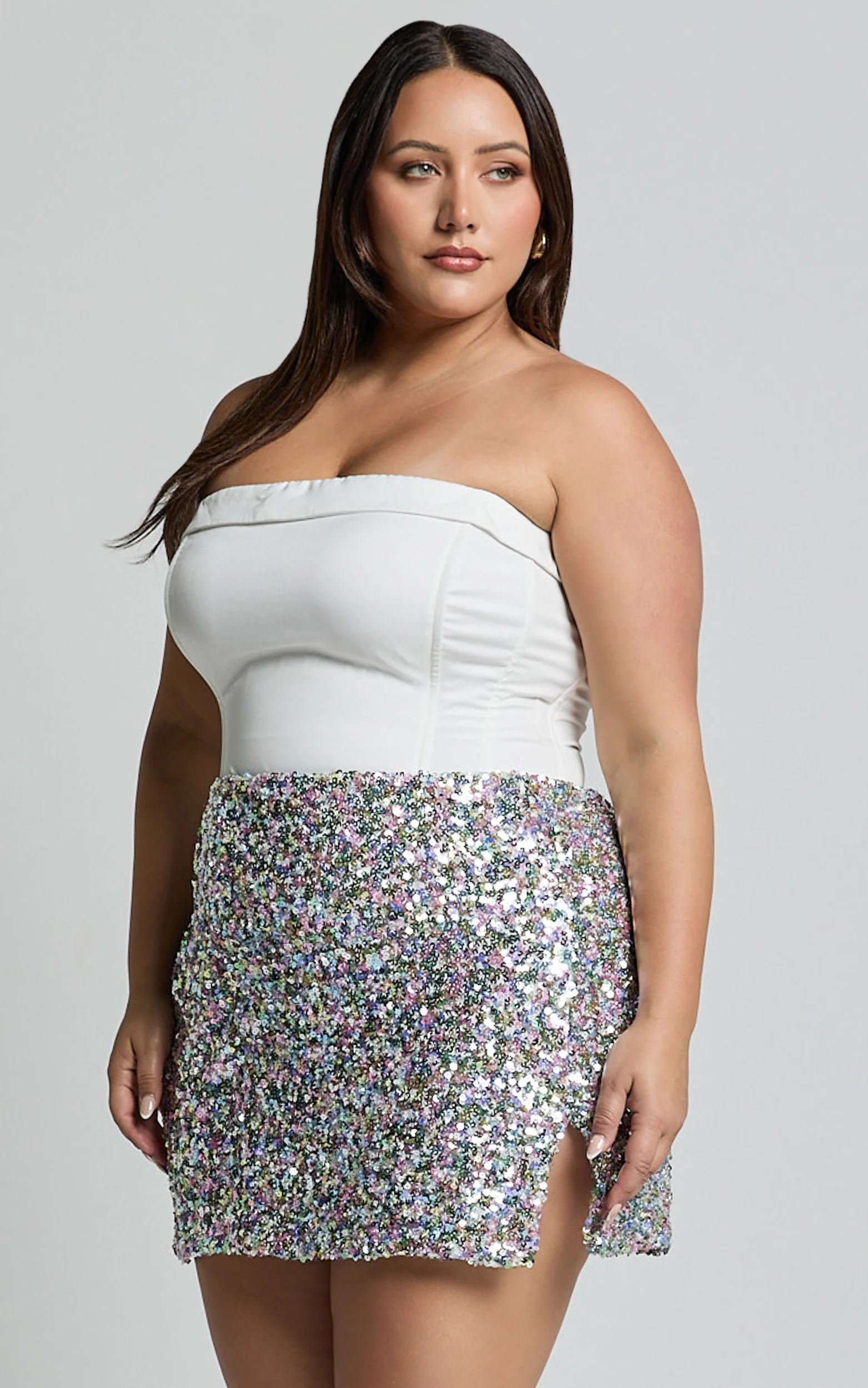 Ingrid Mini Skirt - Sequin Skirt in Rainbow Silver