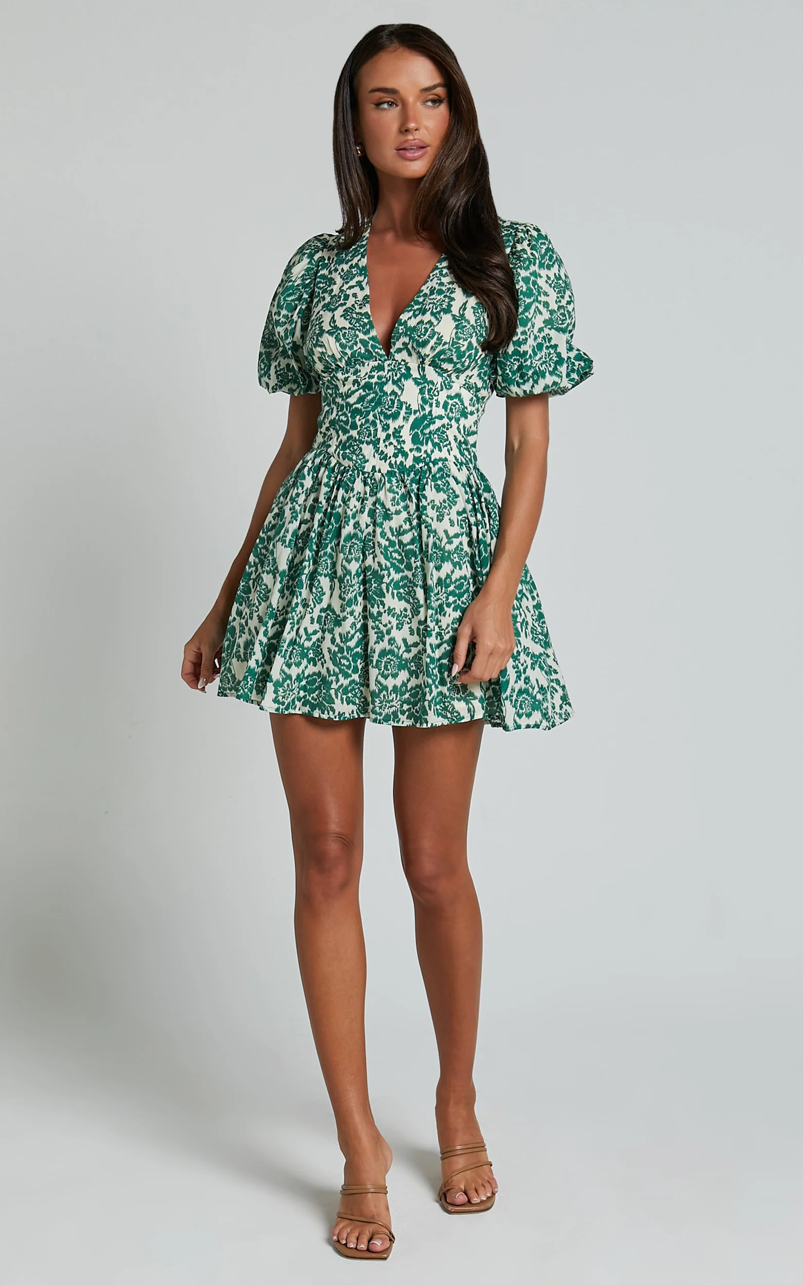 Nelli Mini Dress - Short Puff Sleeve Shirred Back Dress in Green Silhouette