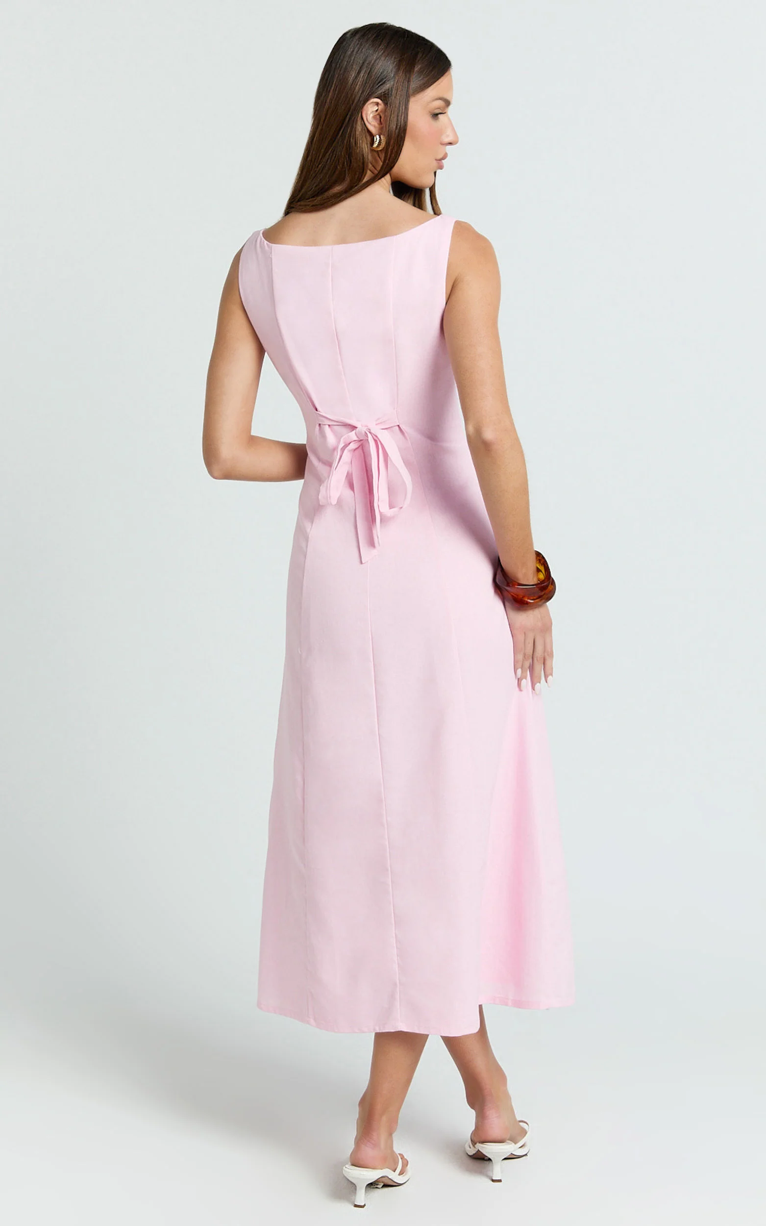 Cameron Midi Dress - Button Front Tie Back Dress in Pink