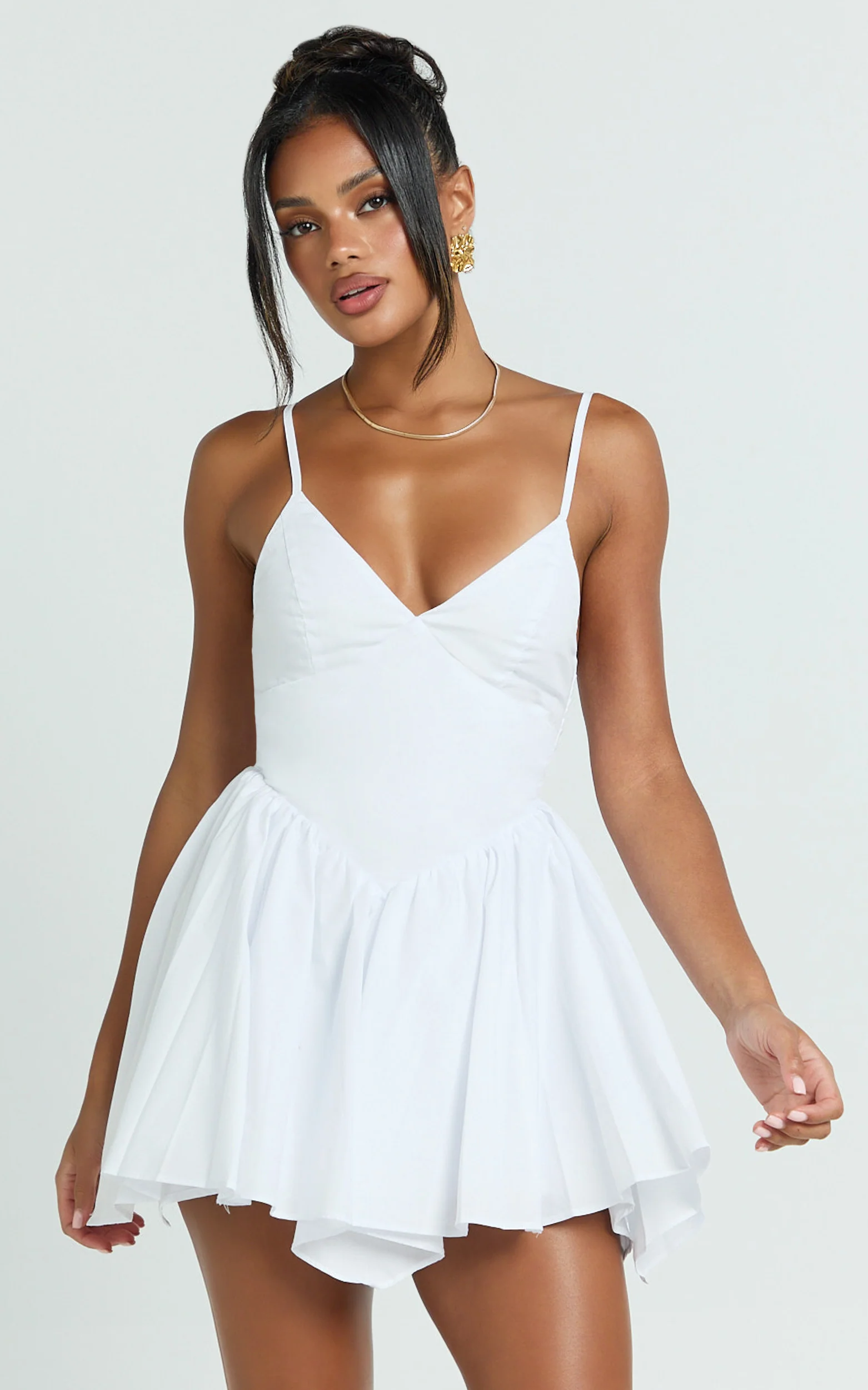 Julie Mini Dress - V Neck Drop V Waist Pleated Dress in White