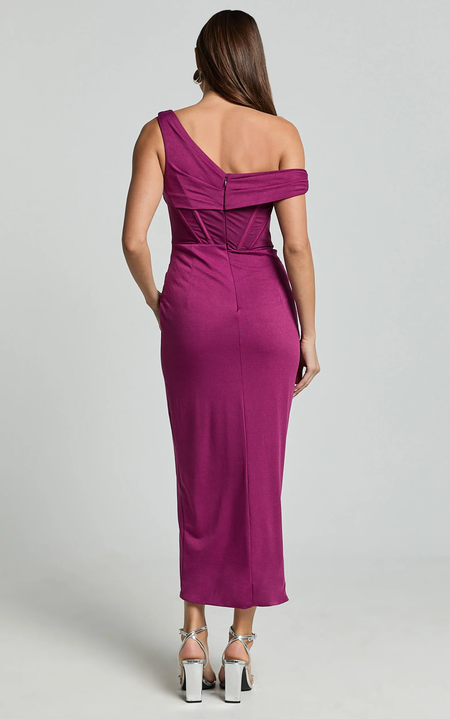 Aidia Midi Dress - Off Shoulder Draped Corset Dress in Plum