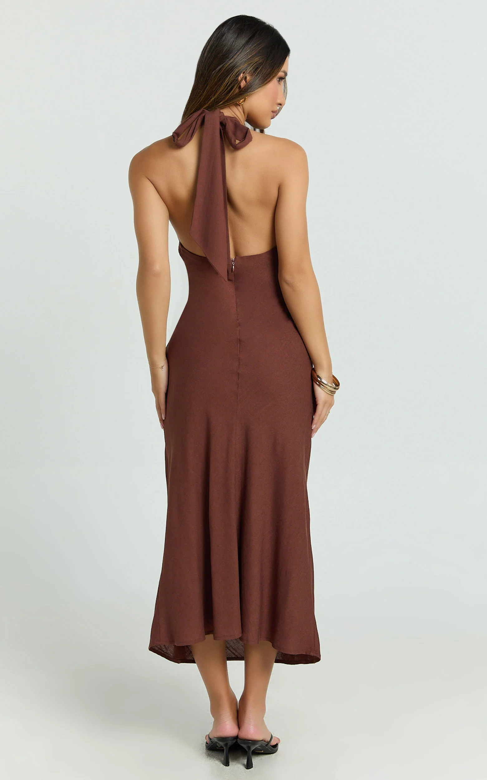 Adele Midi Dress - Halter Plunge Bias Cut Dress in Chocolate