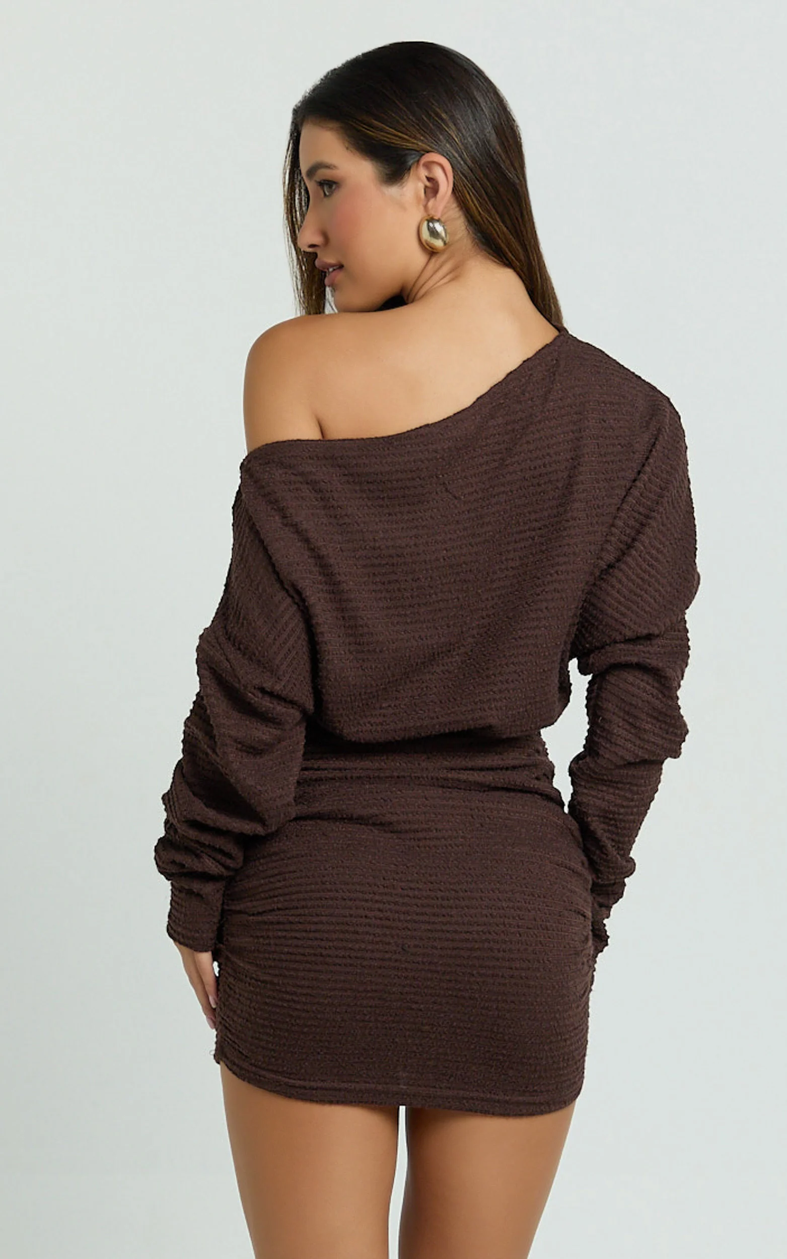 Alyce Mini Dress - Long Sleeve One Shoulder Dress in Chocolate