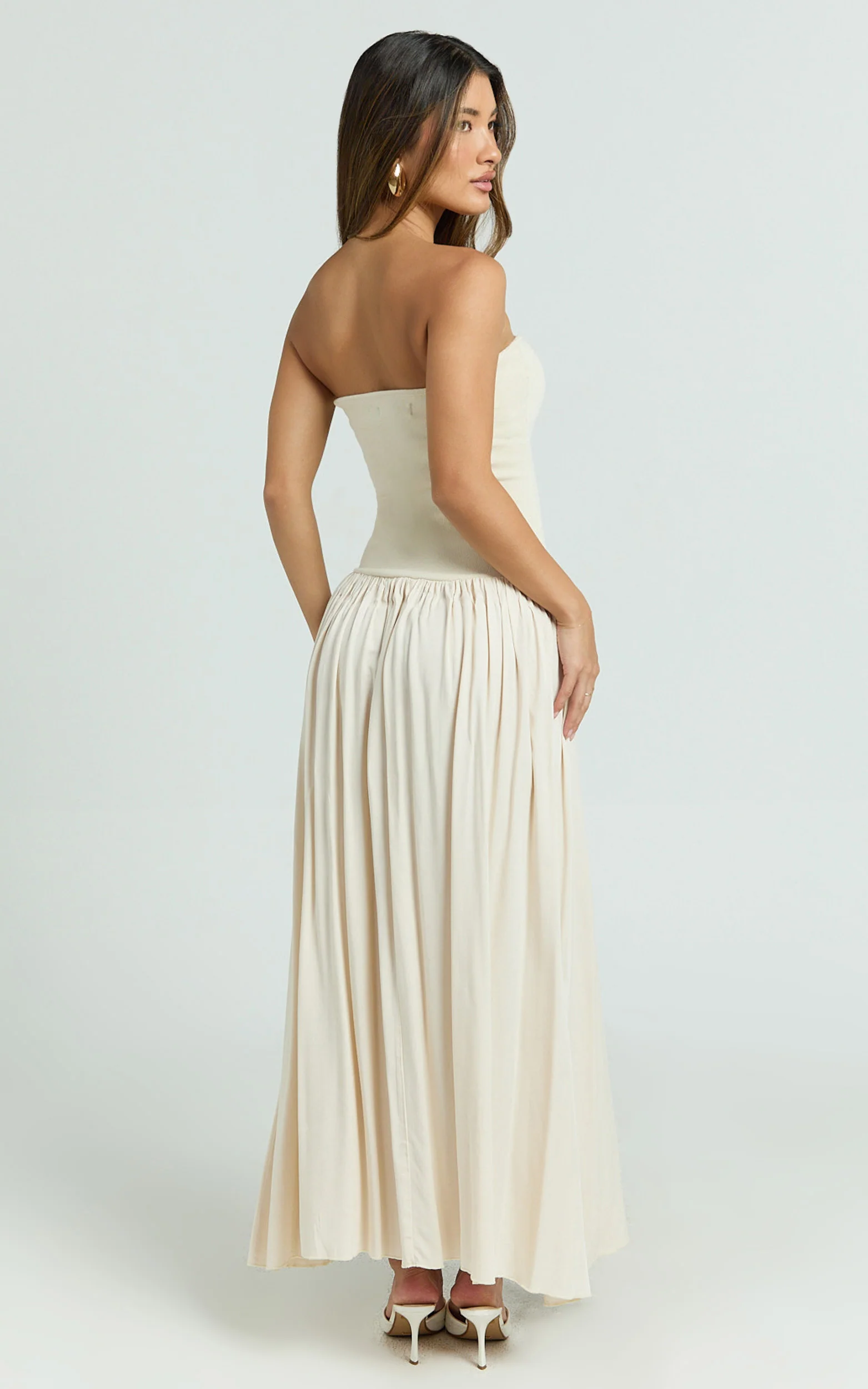 Harlee Maxi Dress - Strapless Drop Waist Knit Bodice Full Gathered Skirt Dress in Cream