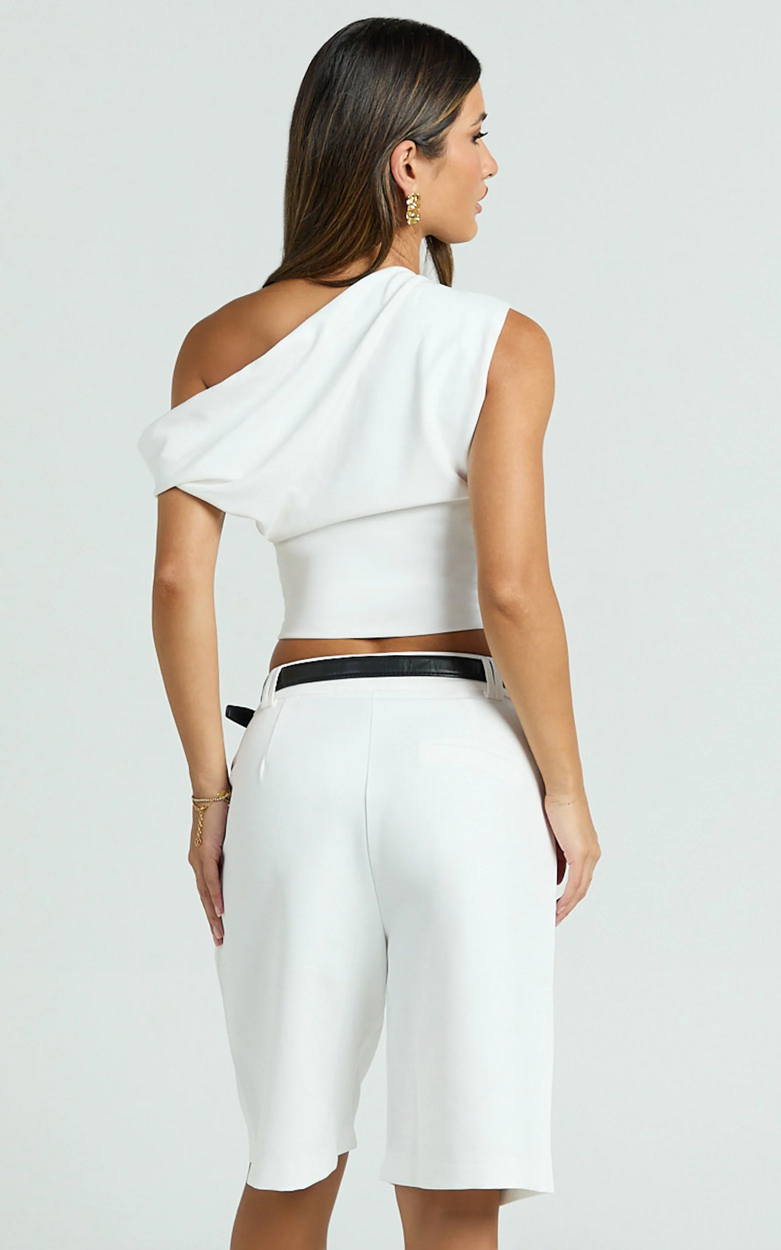 Swanson Top - Asymmetric Off Shoulder Crop Top in White