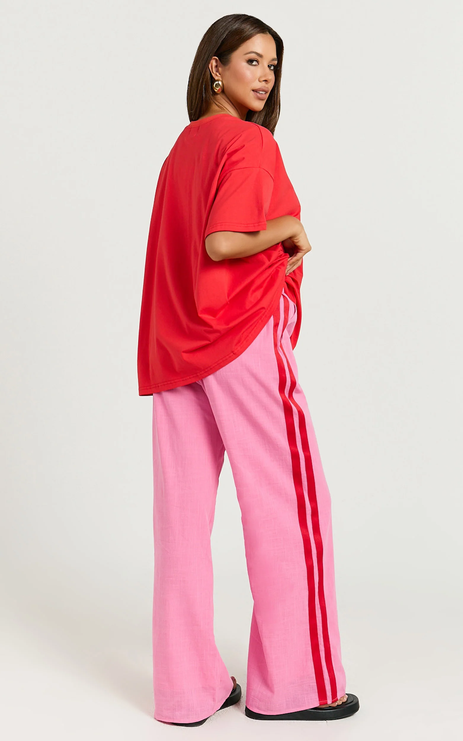 Editha Two Piece Set - Chilli Margs Oversized Tee and Stripe Pant Set in Red/Pink