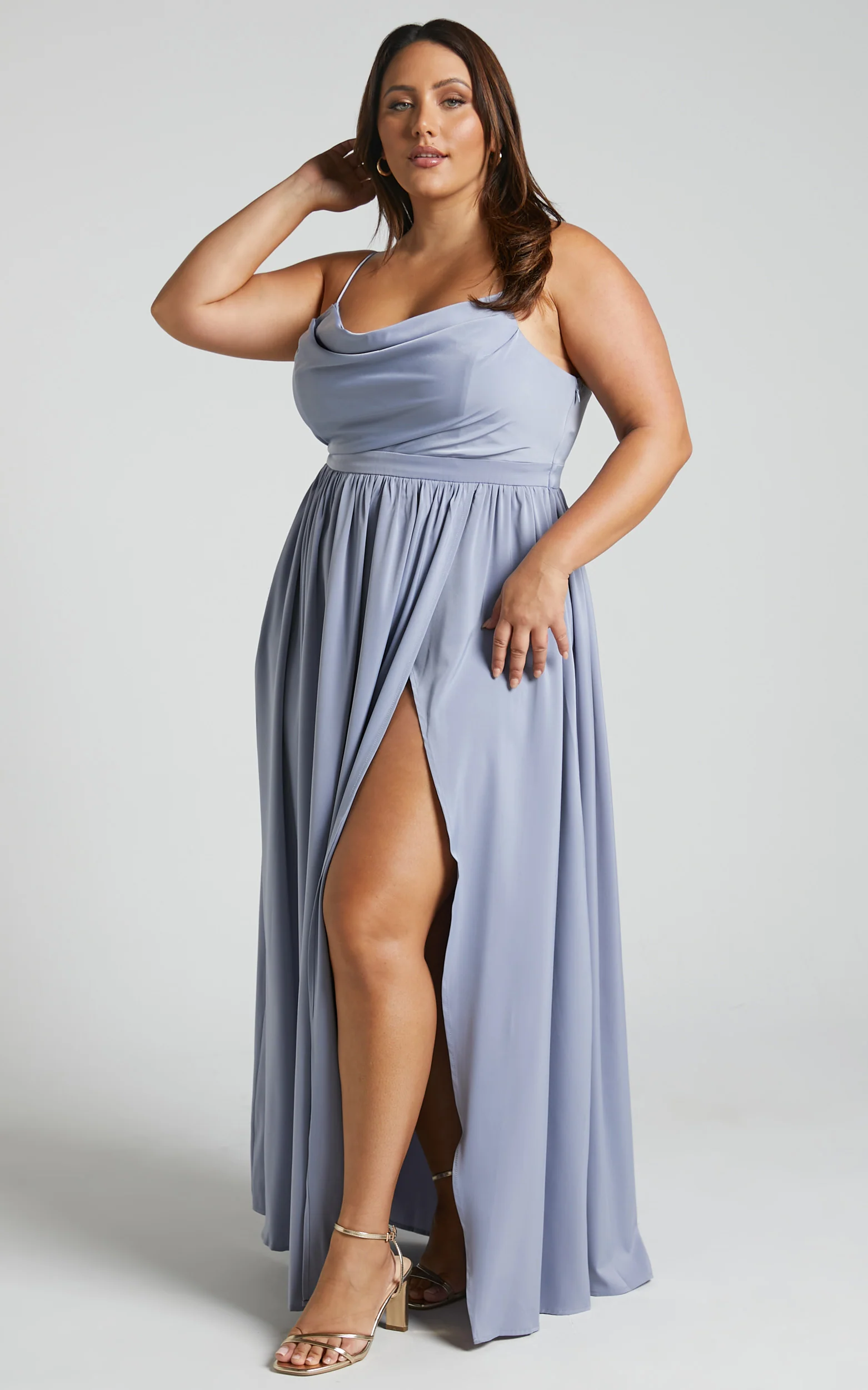 Gemalyn Maxi Dress - Cowl Neck Thigh Split Dress in Sky Blue