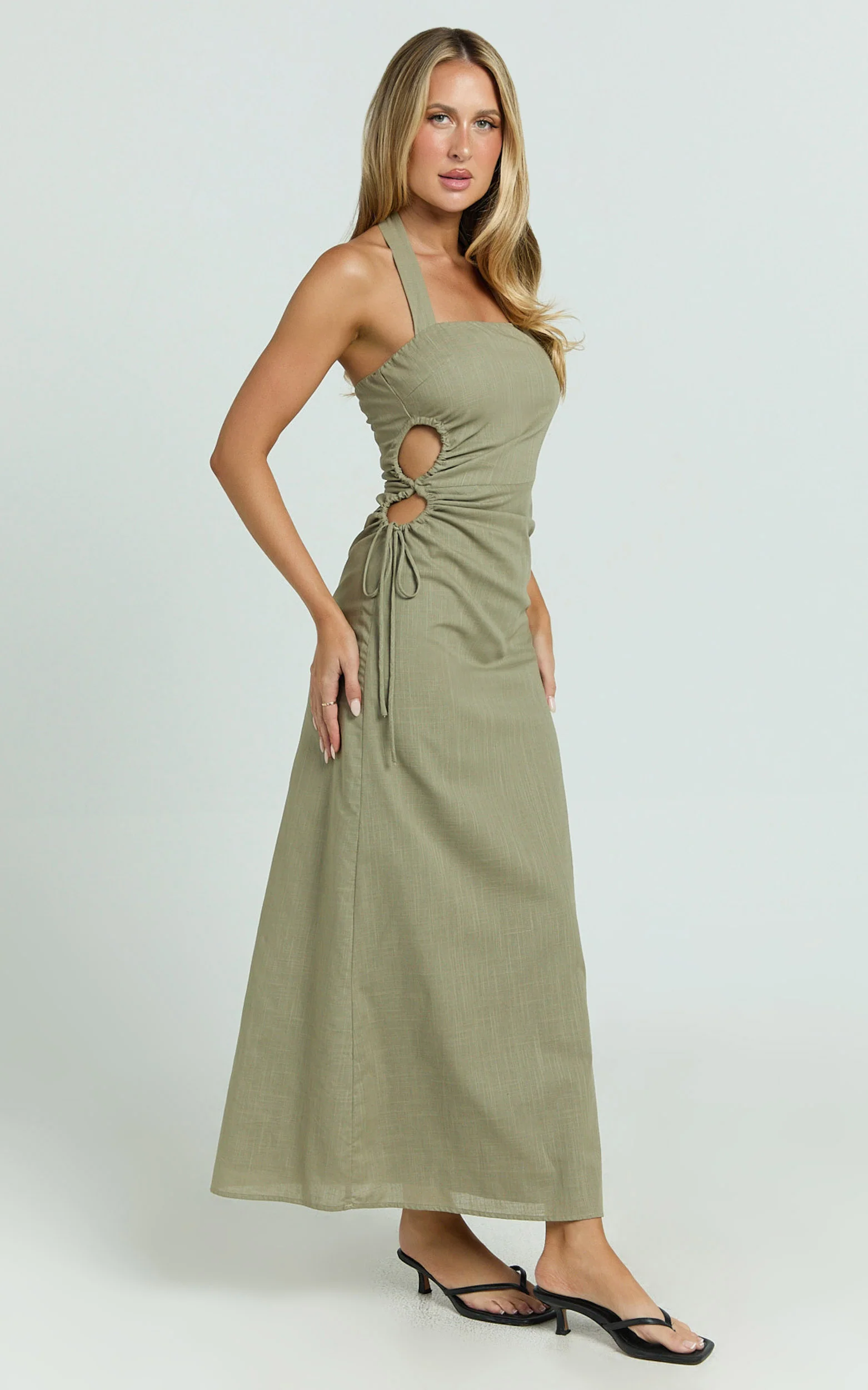 Myra Maxi Dress - Halter Ruched Side Dress in Olive