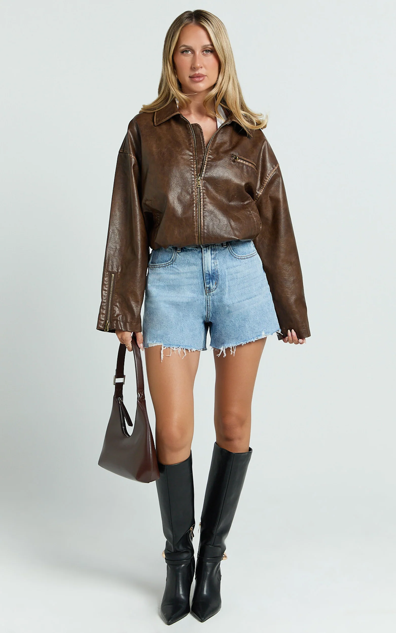 Renee Shorts - High Waisted Frayed Hem Denim Shorts in Light Blue Wash