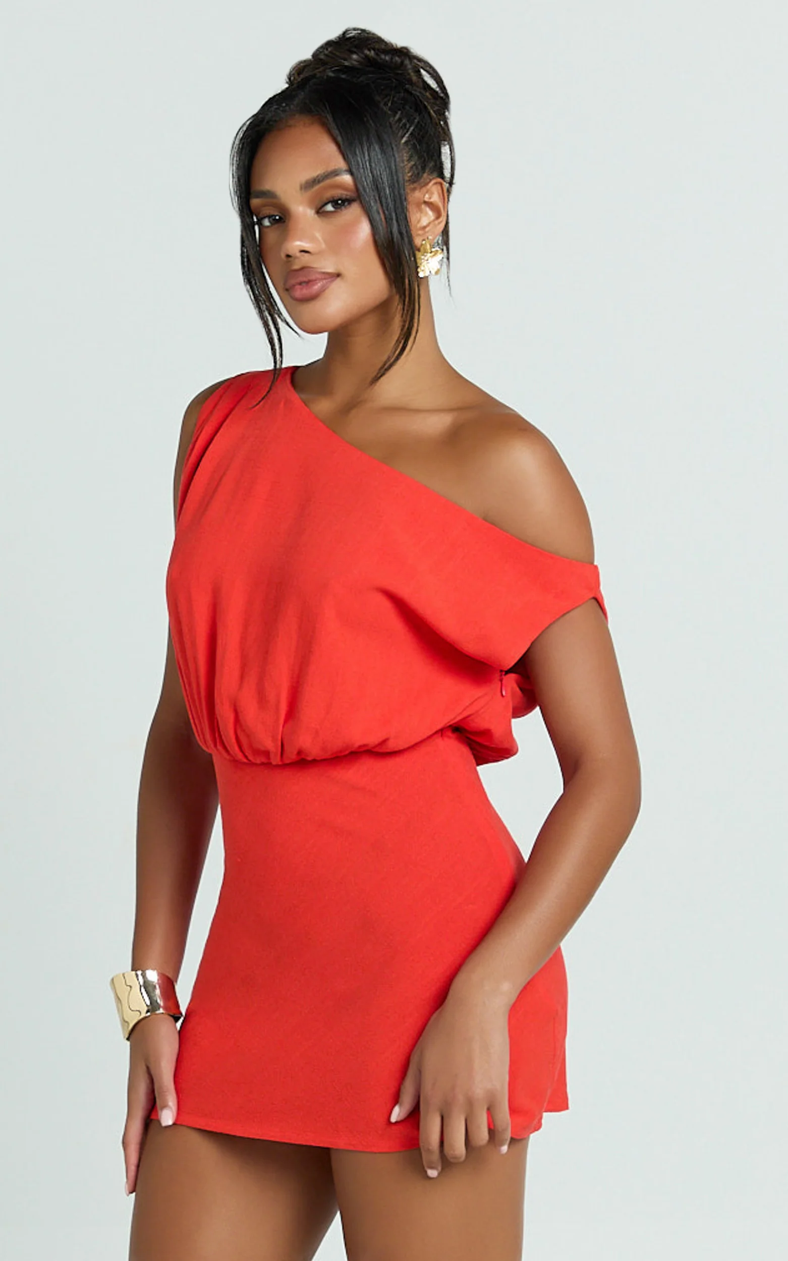 Nellie Mini Linen Dress - Linen One Shoulder Mini Dress in Orange