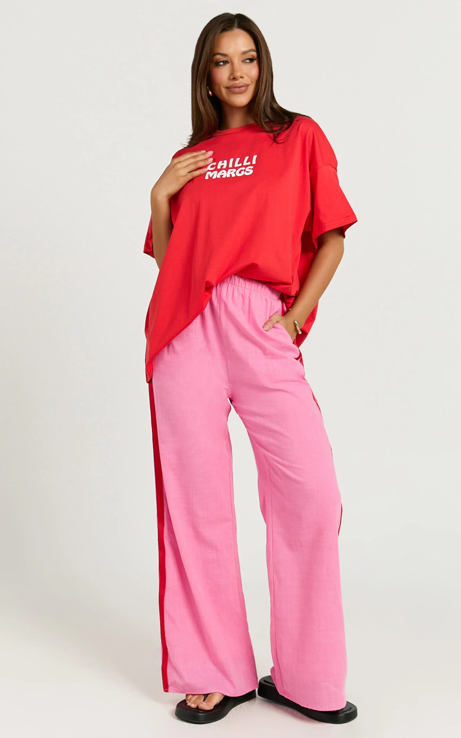 Editha Two Piece Set - Chilli Margs Oversized Tee and Stripe Pant Set in Red/Pink