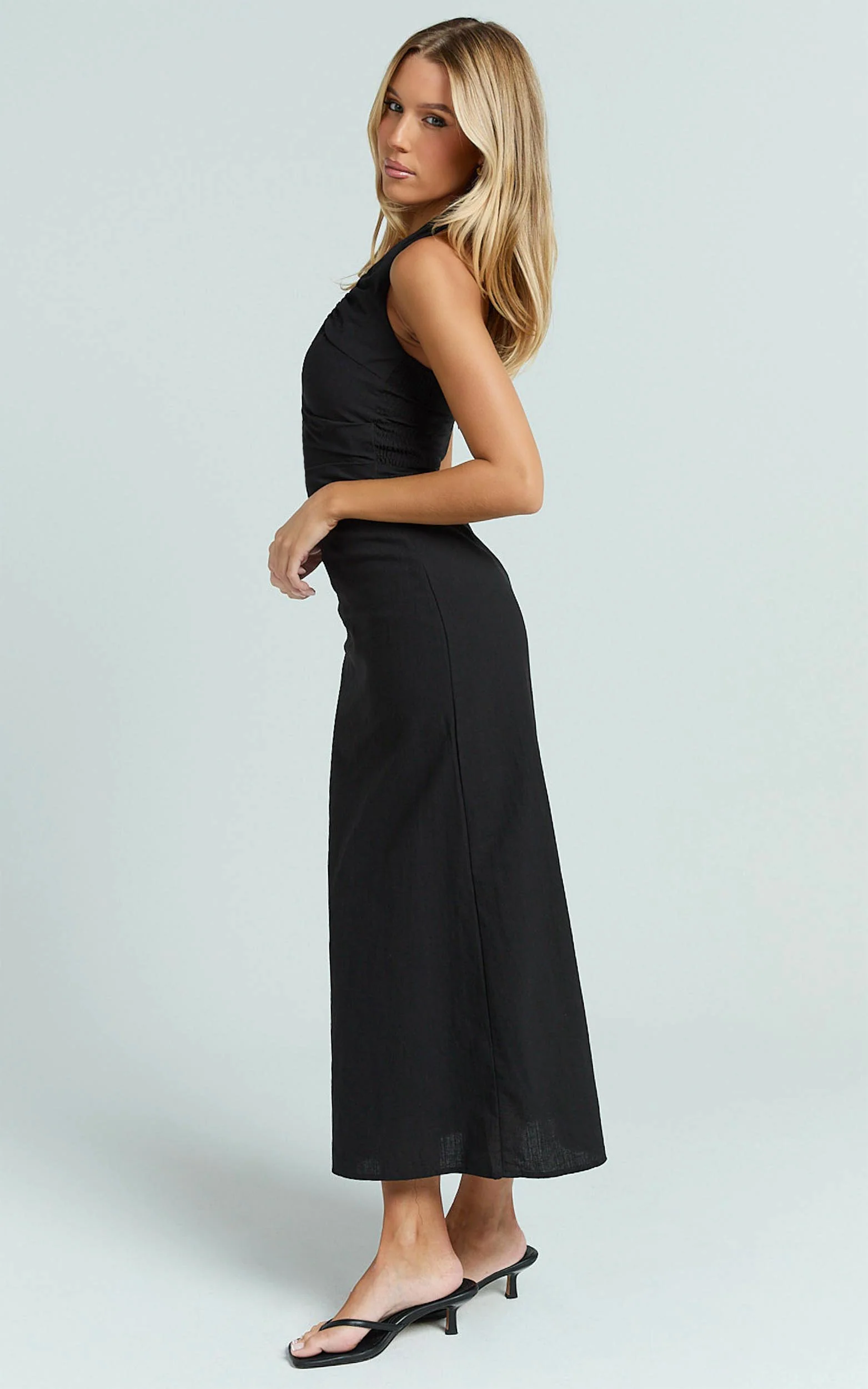 Murray Midi Dress - Deep U Halter Neck Dress in Black