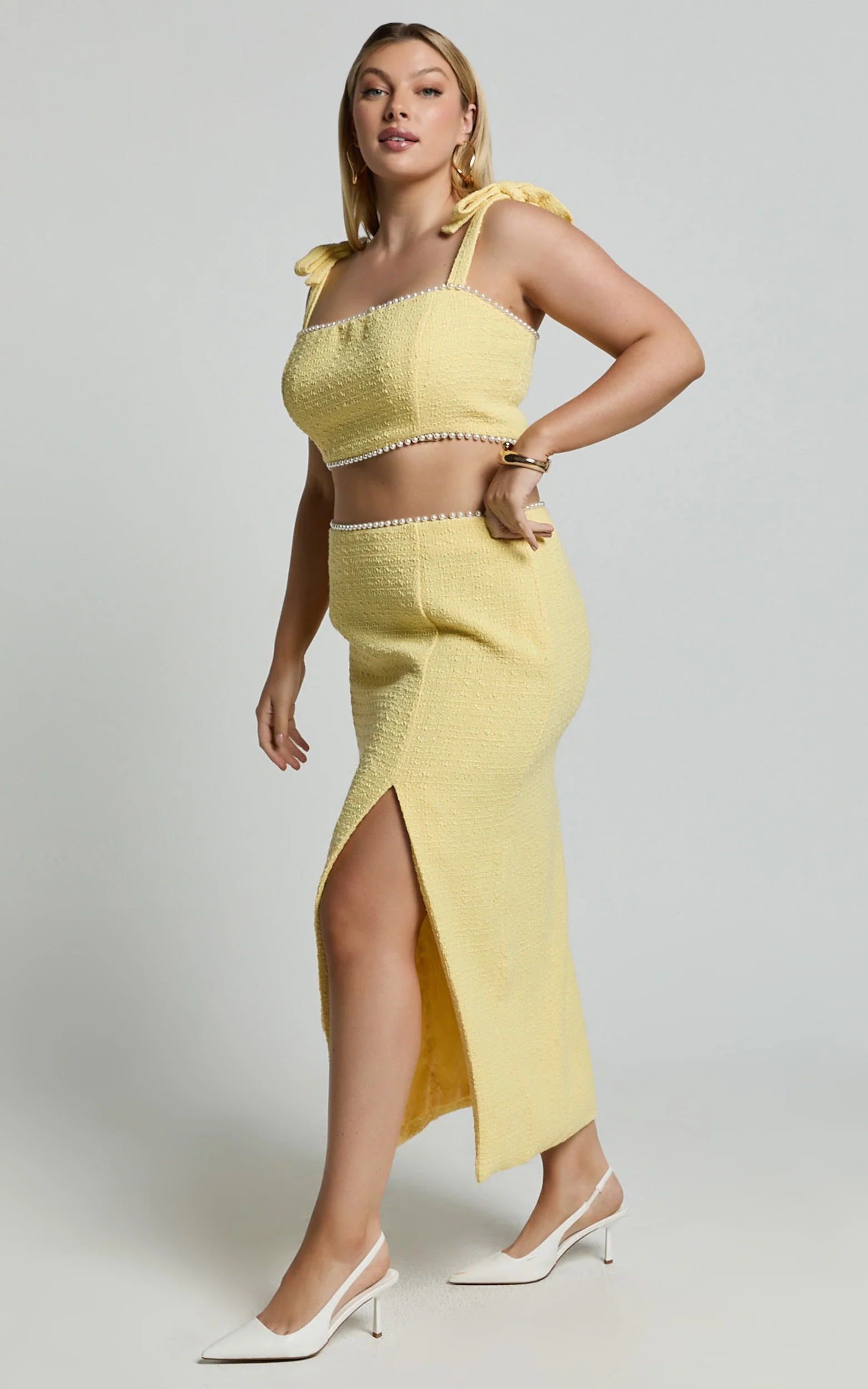 Mitzy Two Piece Set - Boucle Pearl Detail Crop And Faux Wrap Midi Skirt Set in Lemon