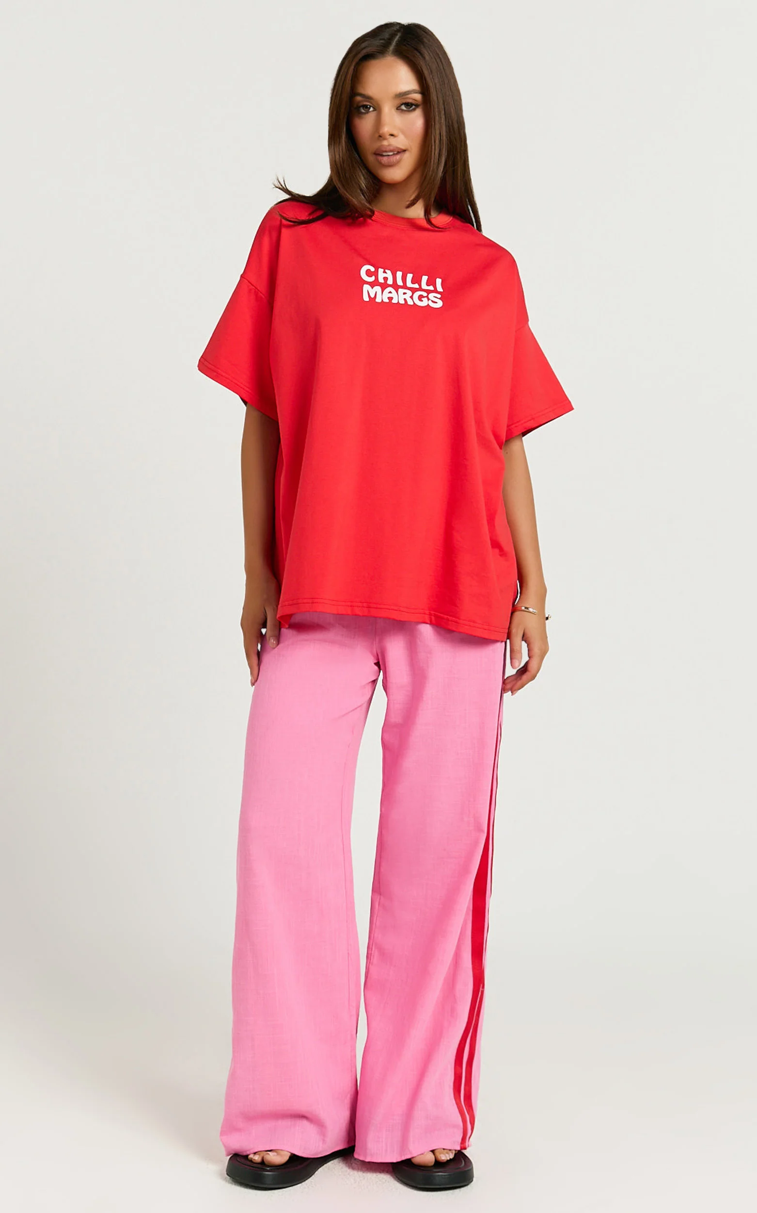 Editha Two Piece Set - Chilli Margs Oversized Tee and Stripe Pant Set in Red/Pink