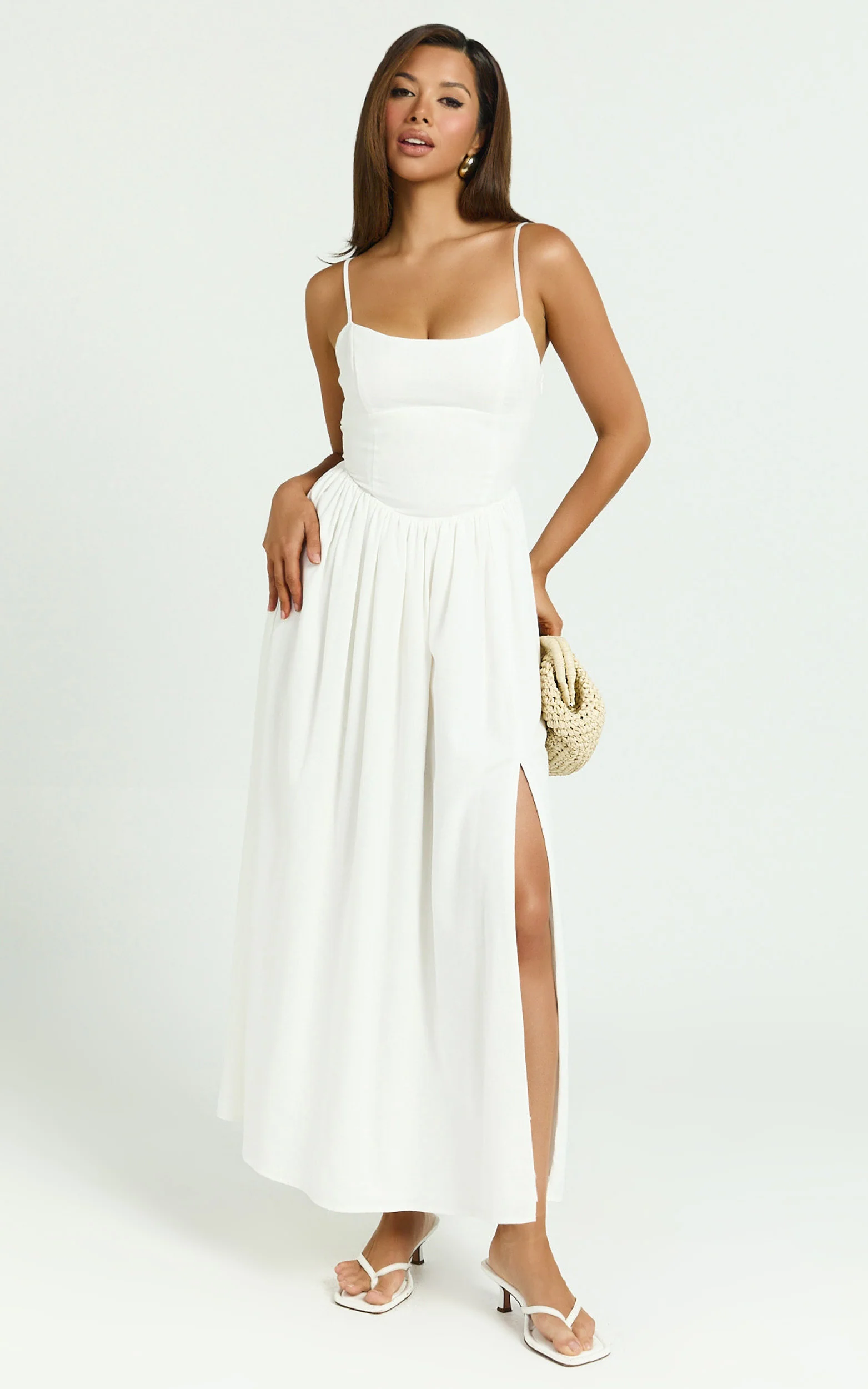 Morris Midi Dress - Linen Scoop Neck Gathered Dress in Off White