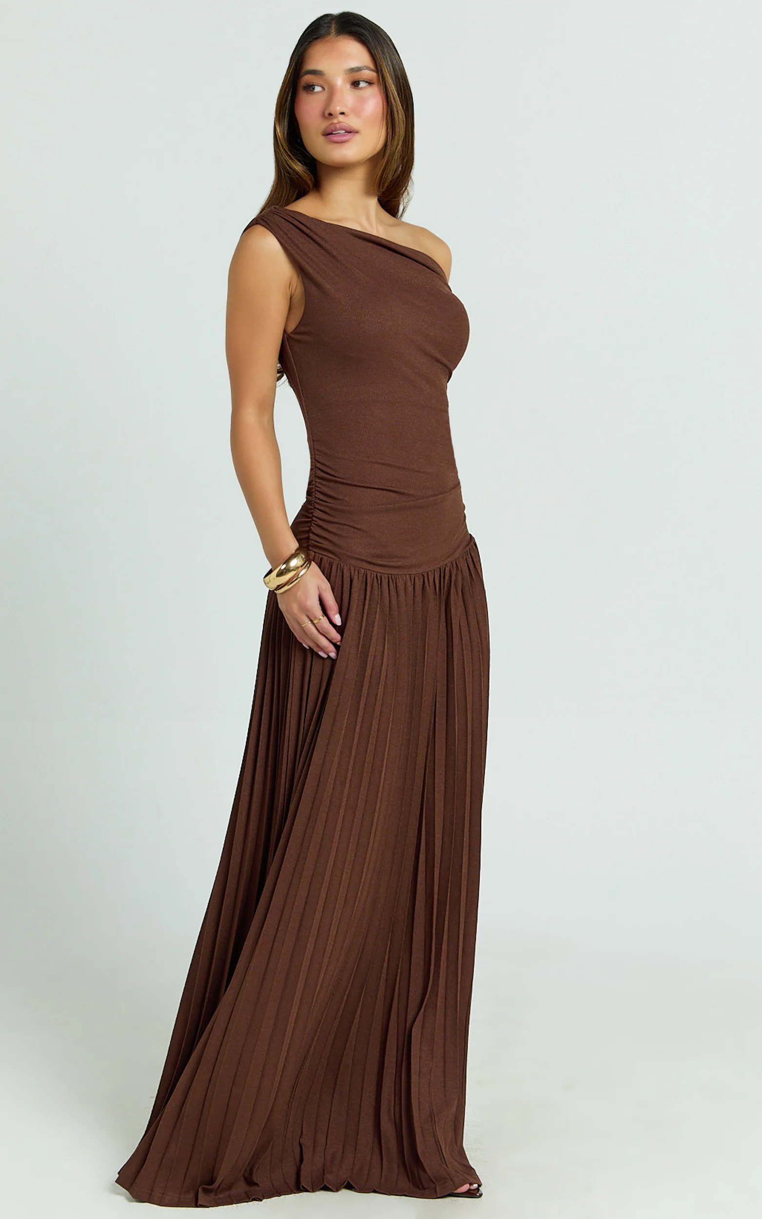 Yvonne Maxi Dress - Pleat Skirt Tip Shoulder Ruched Dress in Chocolate
