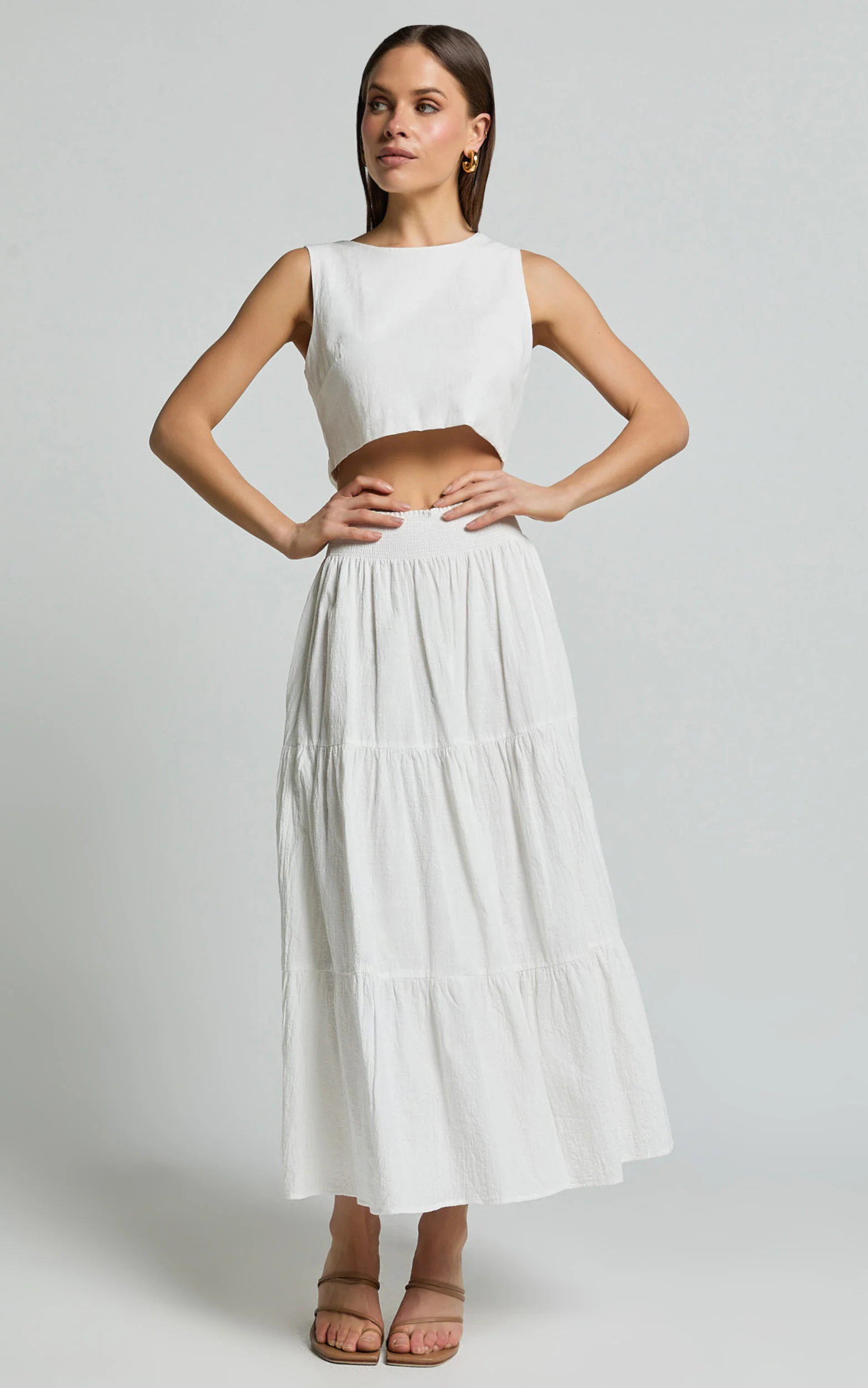 Ruby Midi Skirt - Shirred High Waist Cotton Tiered Skirt in Off White
