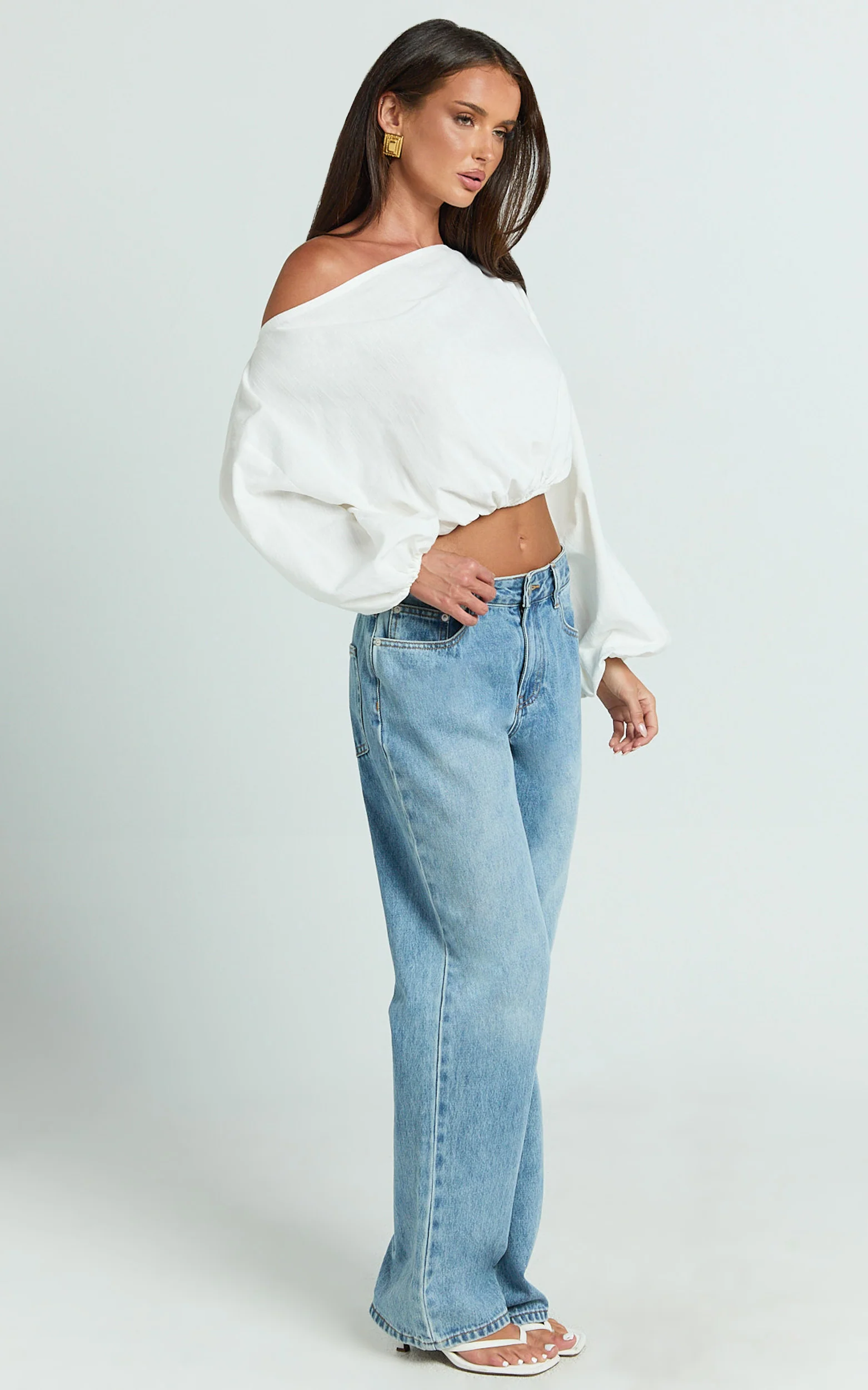 Alesia Top - Asymmetrical Boat Neck Elastic Hem Crop Top in White
