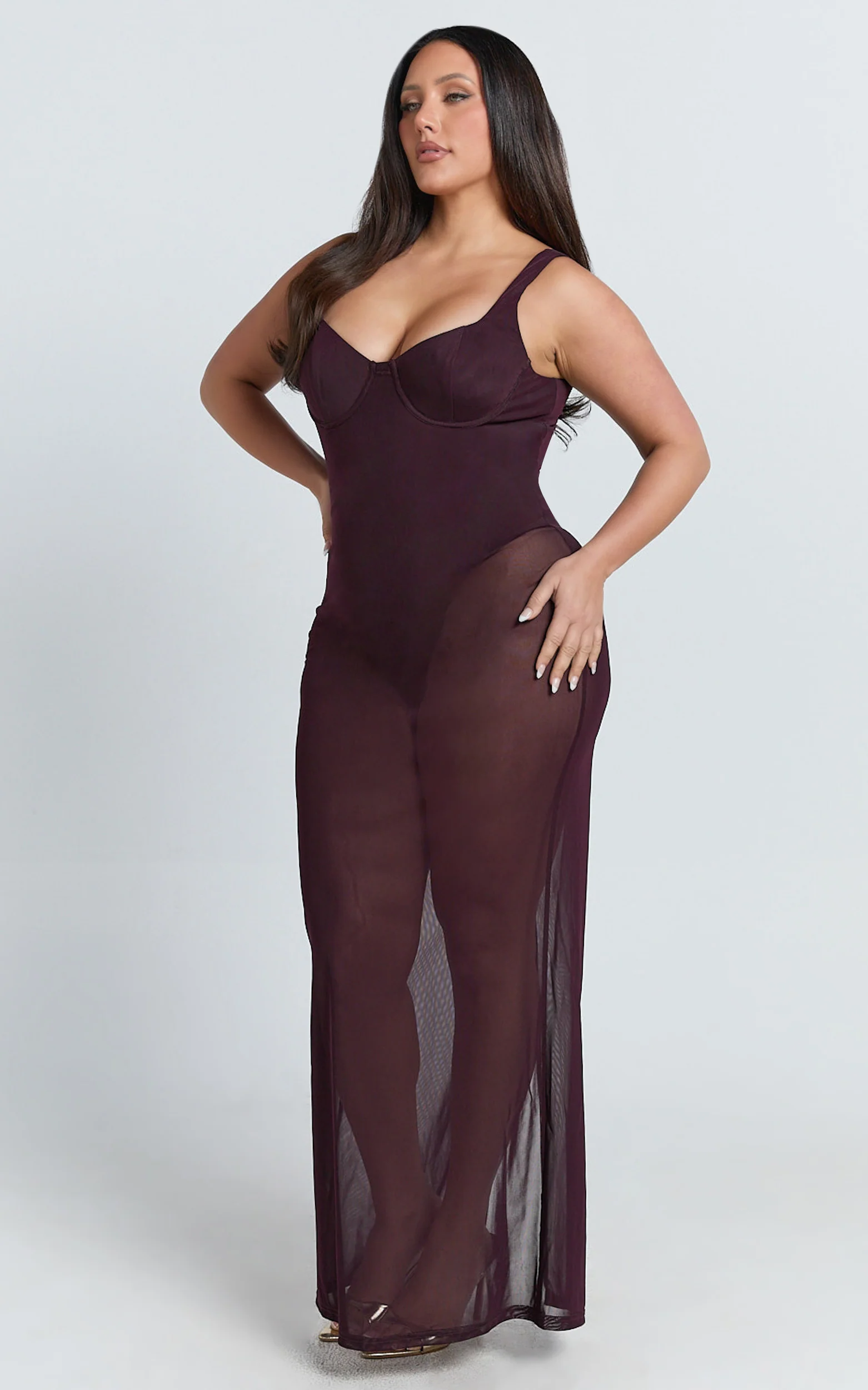 Laney Maxi Dress - Mesh Sweetheart Neck Bodycon Dress in Plum