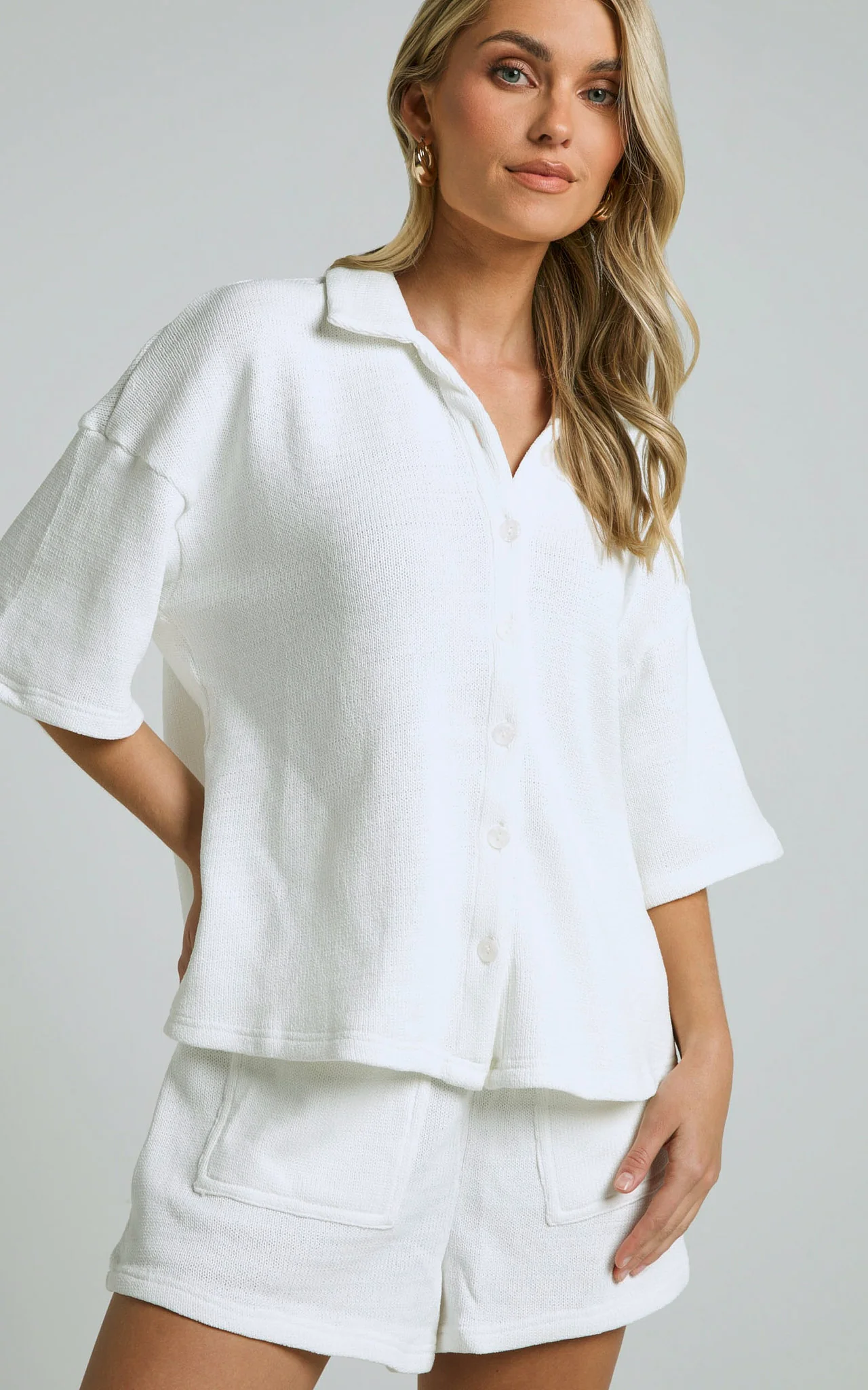 Kahlani Two Piece Set - Collared Short Sleeve and High Waisted Shorts in White