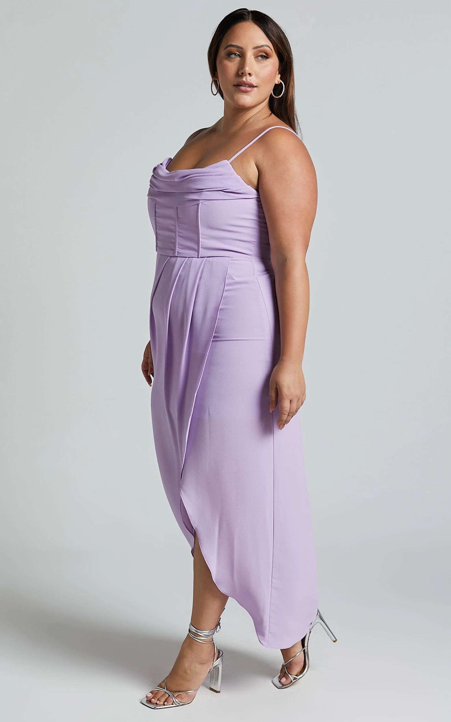 Andrina Midi Dress - High Low Wrap Corset Dress in Lilac