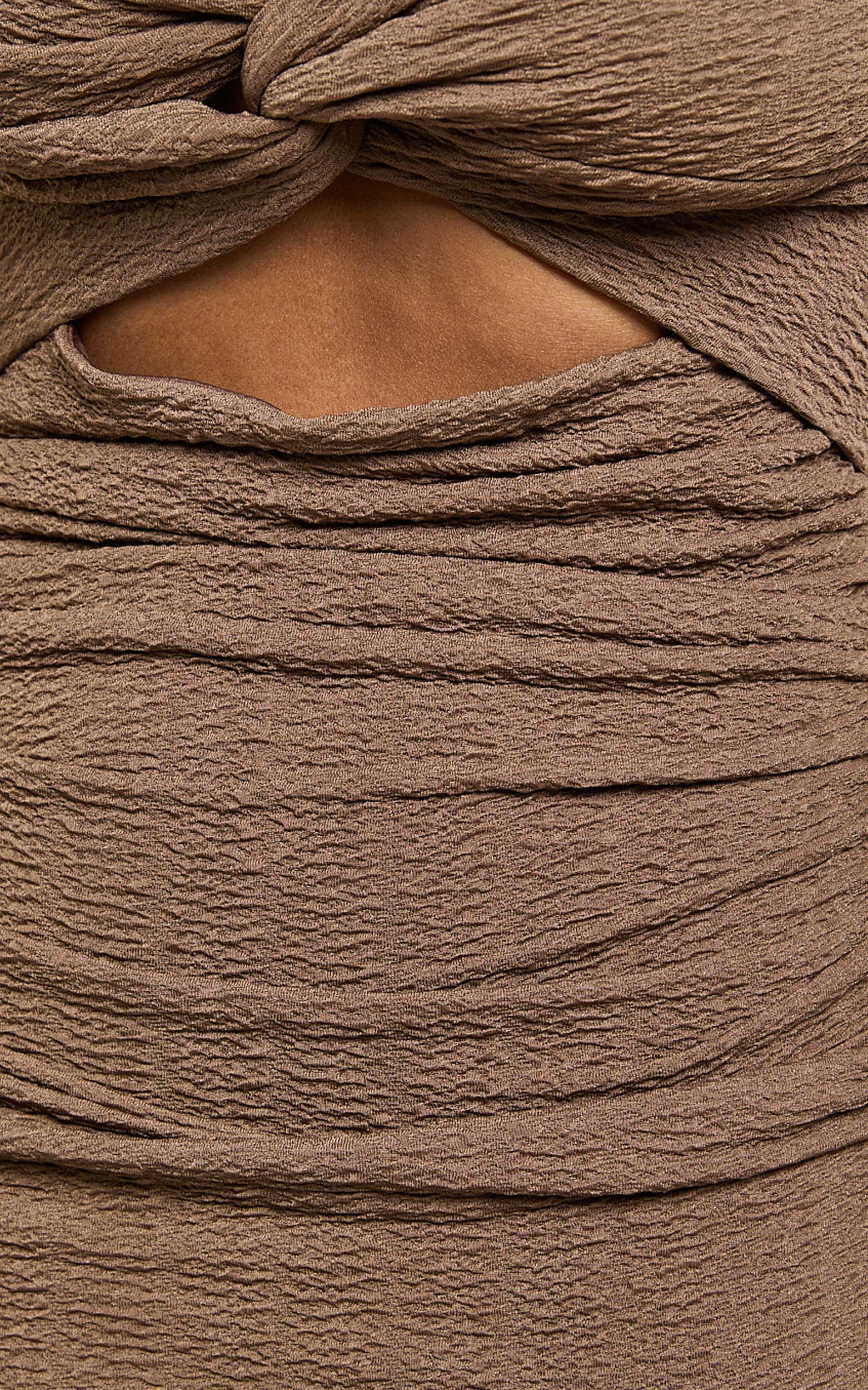 Bianca Midi Dress - Twist Front Cut Out Ruched Dress in Brown