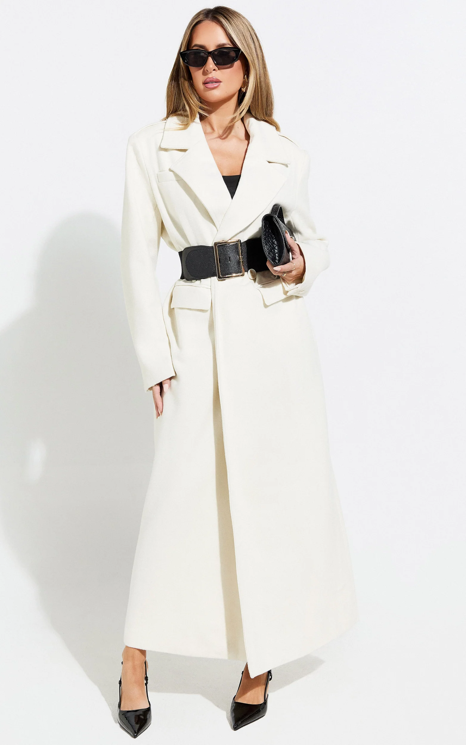 Farah Coat - Single Breasted Oversized Longline Wrap Coat in Off White