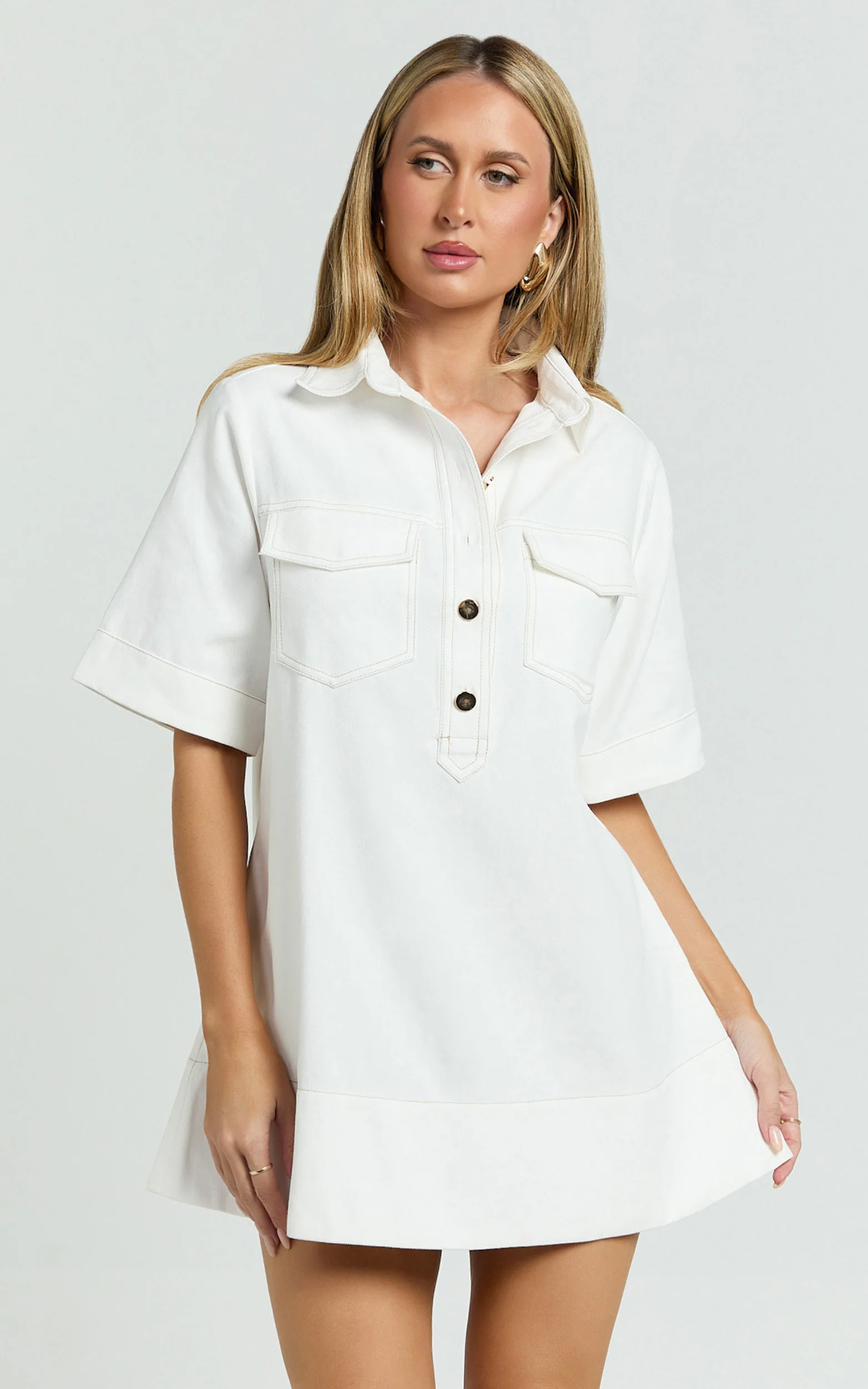 Lynda Mini Dress - Short Sleeve Collared Patch Pocket Shift Dress in Off White