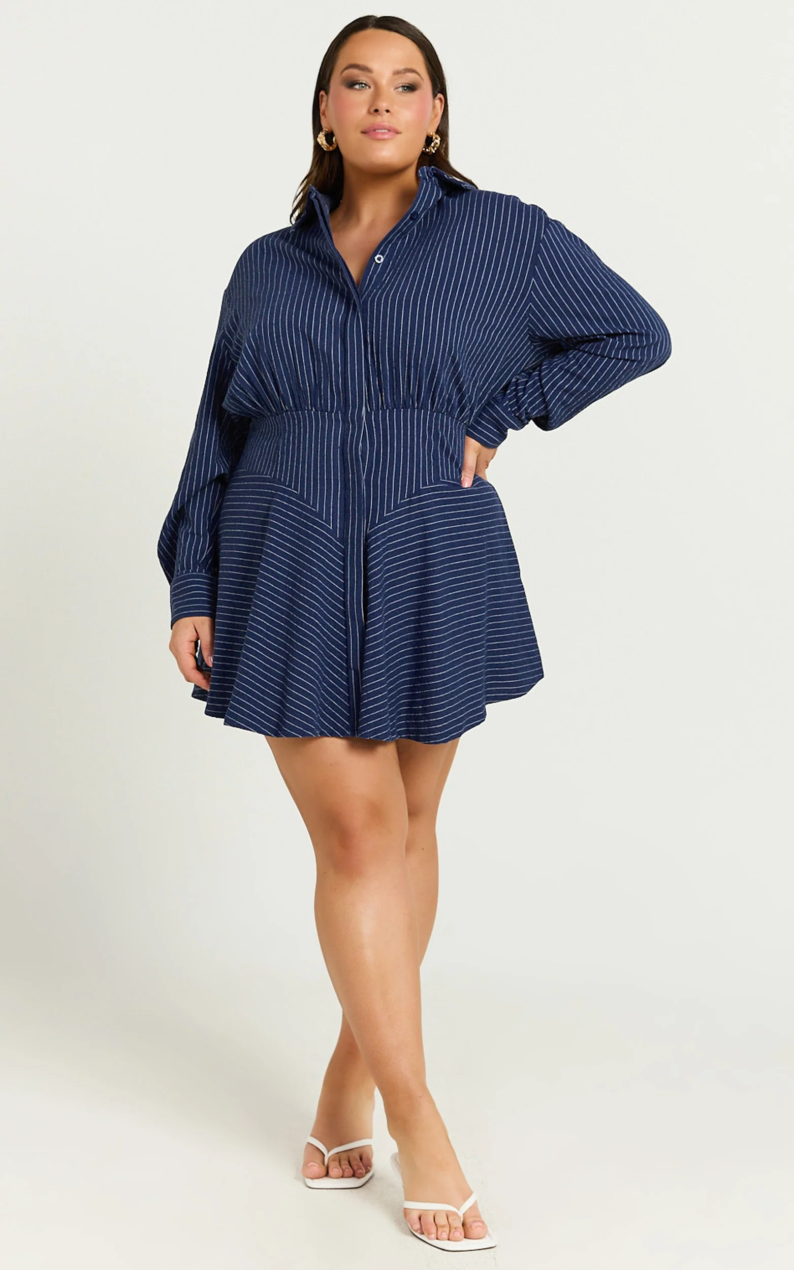 Whitney Mini Dress - Linen Long Sleeve Shirt Dress in Navy