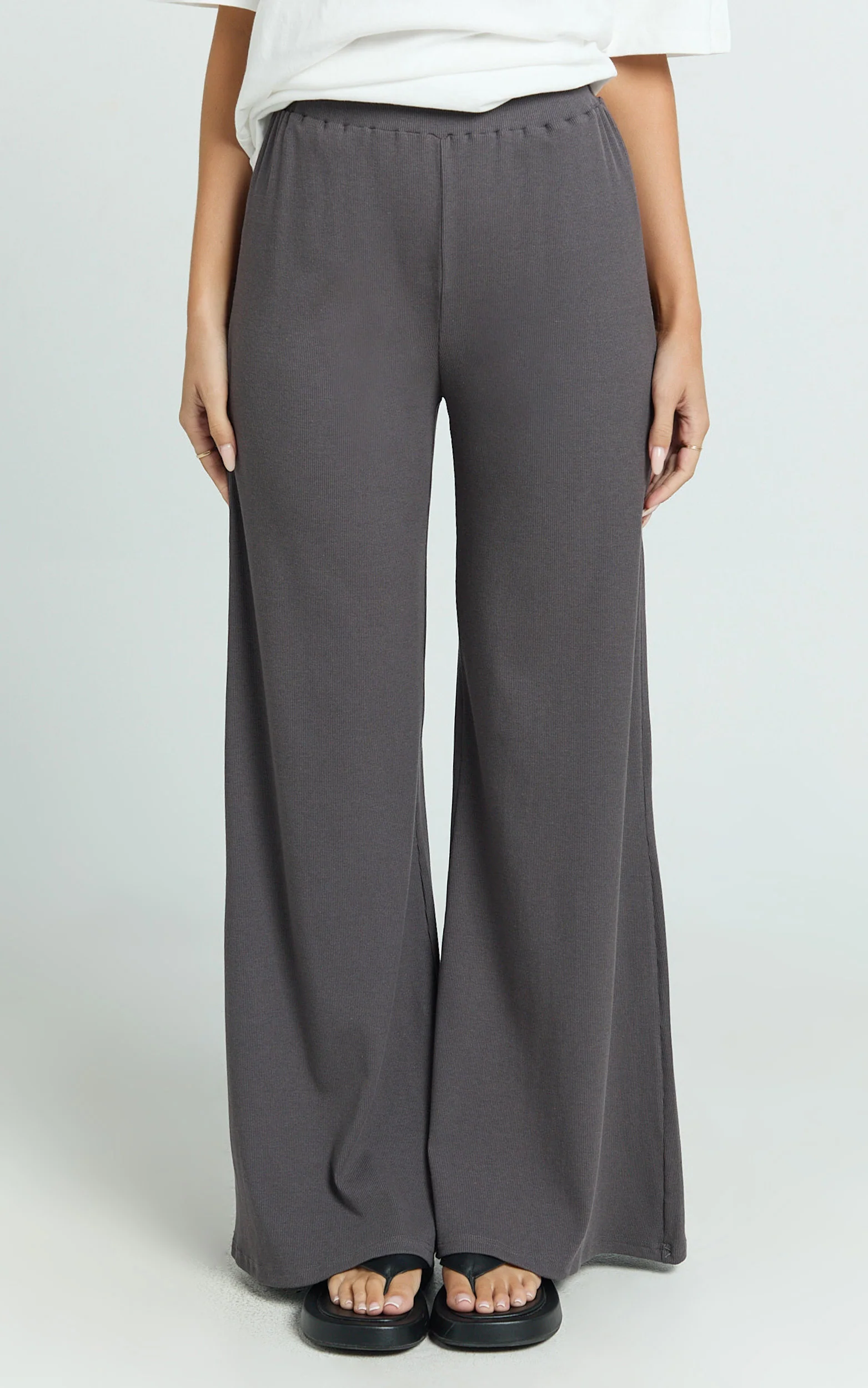 Amalthea Pants - High Waisted Jersey Rib Wide Leg Pants in Charcoal