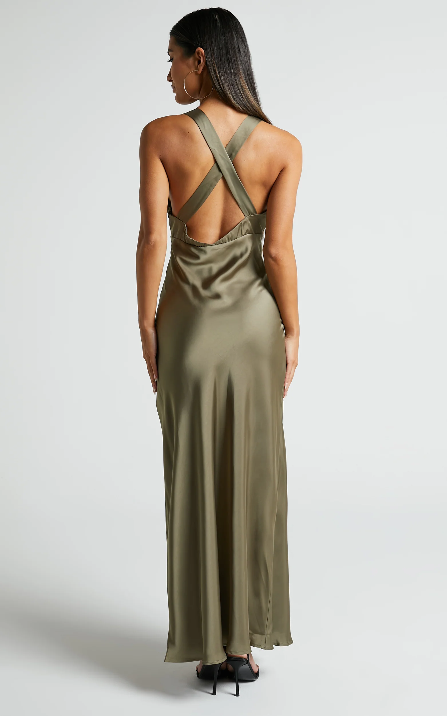Khalani Midi Dress - Deep V Neck Satin Slip Dress in Dark Olive