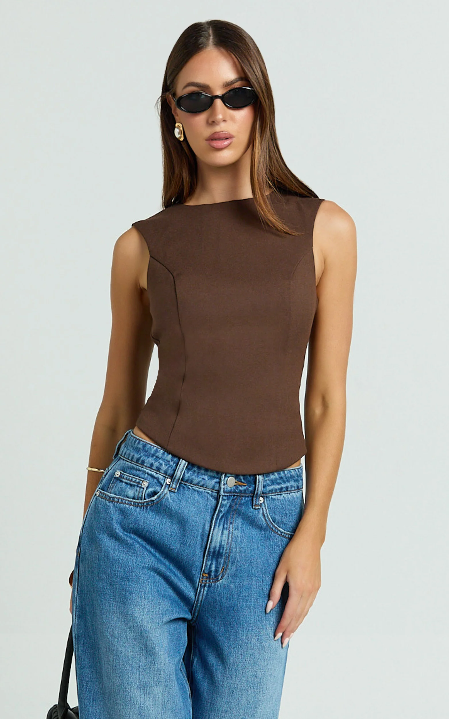 Yvette Top - High Neck Open Back Wool Look Top in Chocolate
