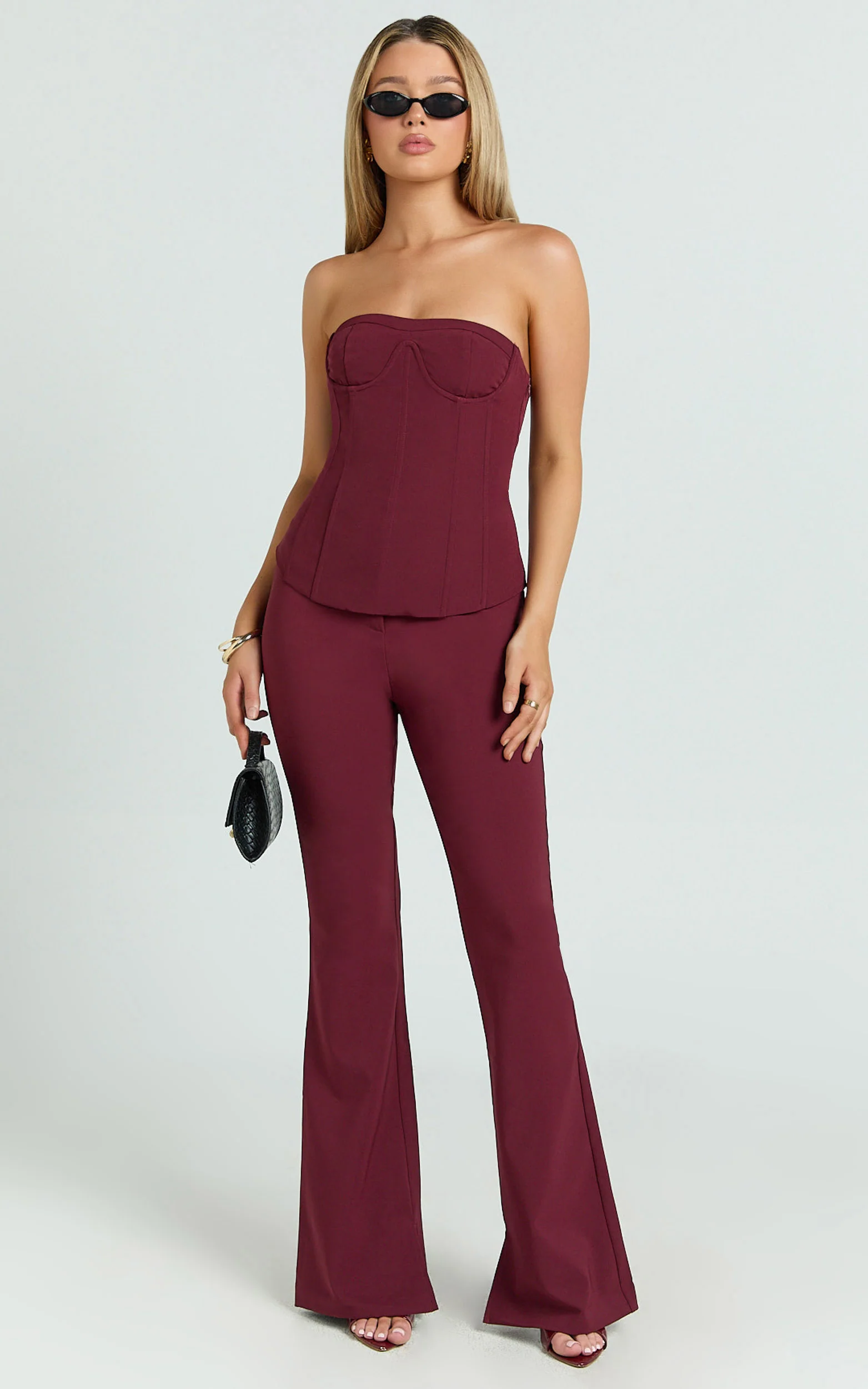 Irene Top - Strapless Sweetheart Lace Up Back Top in Wine