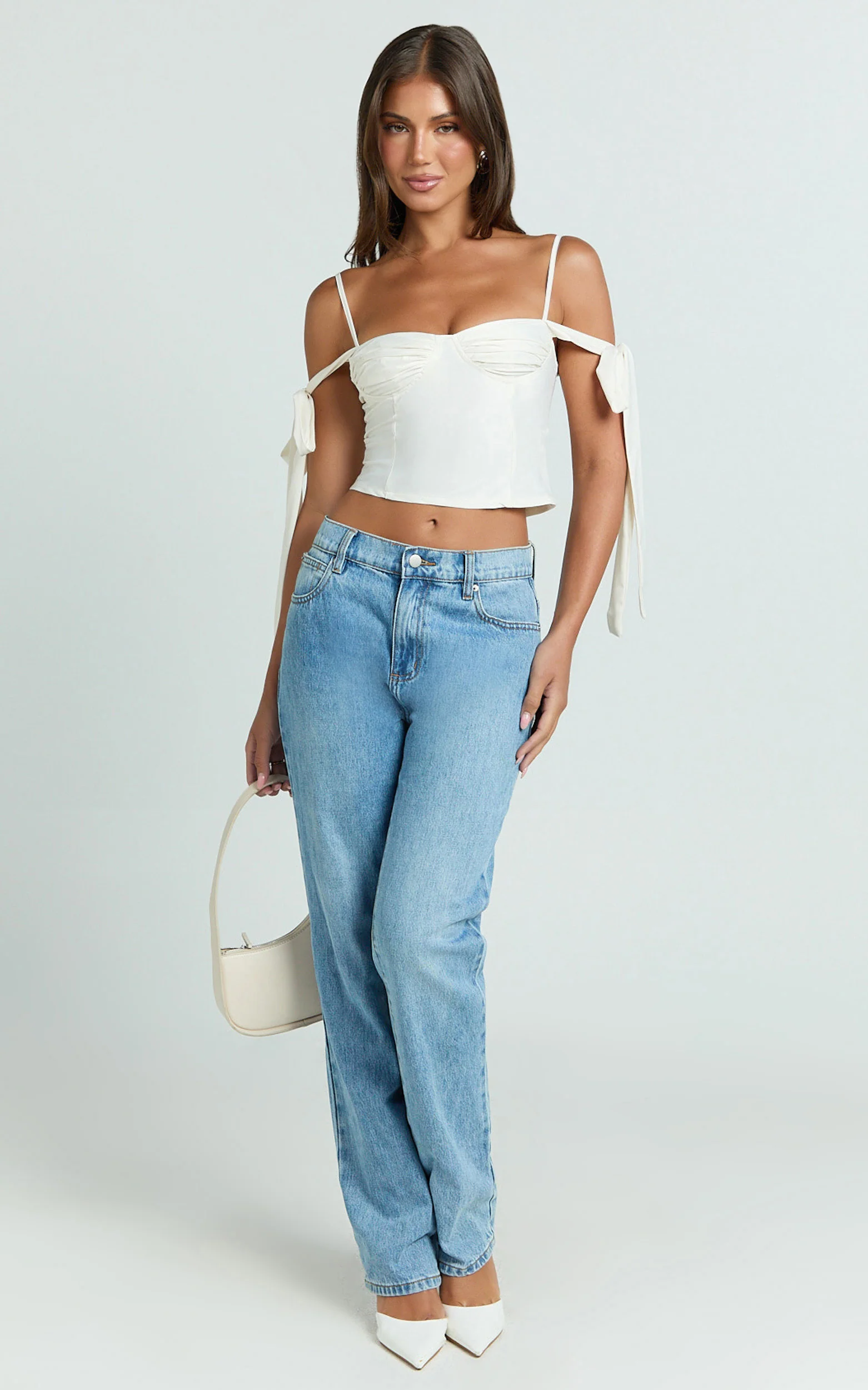 Elsa Top - Tie Shoulder Ruched Bust Bias Cut Top in Ivory