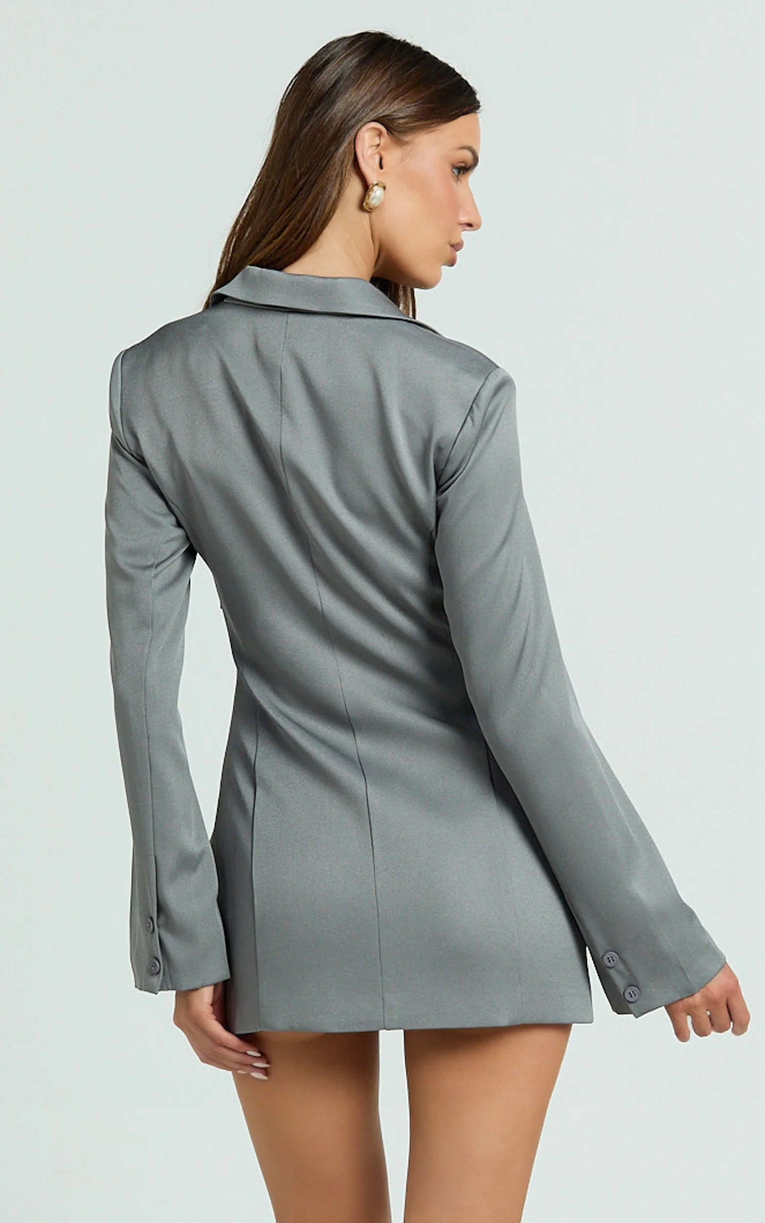 Jamaica Mini Dress - Cut Out Ruched Tie Front Fitted Blazer Dress in Grey