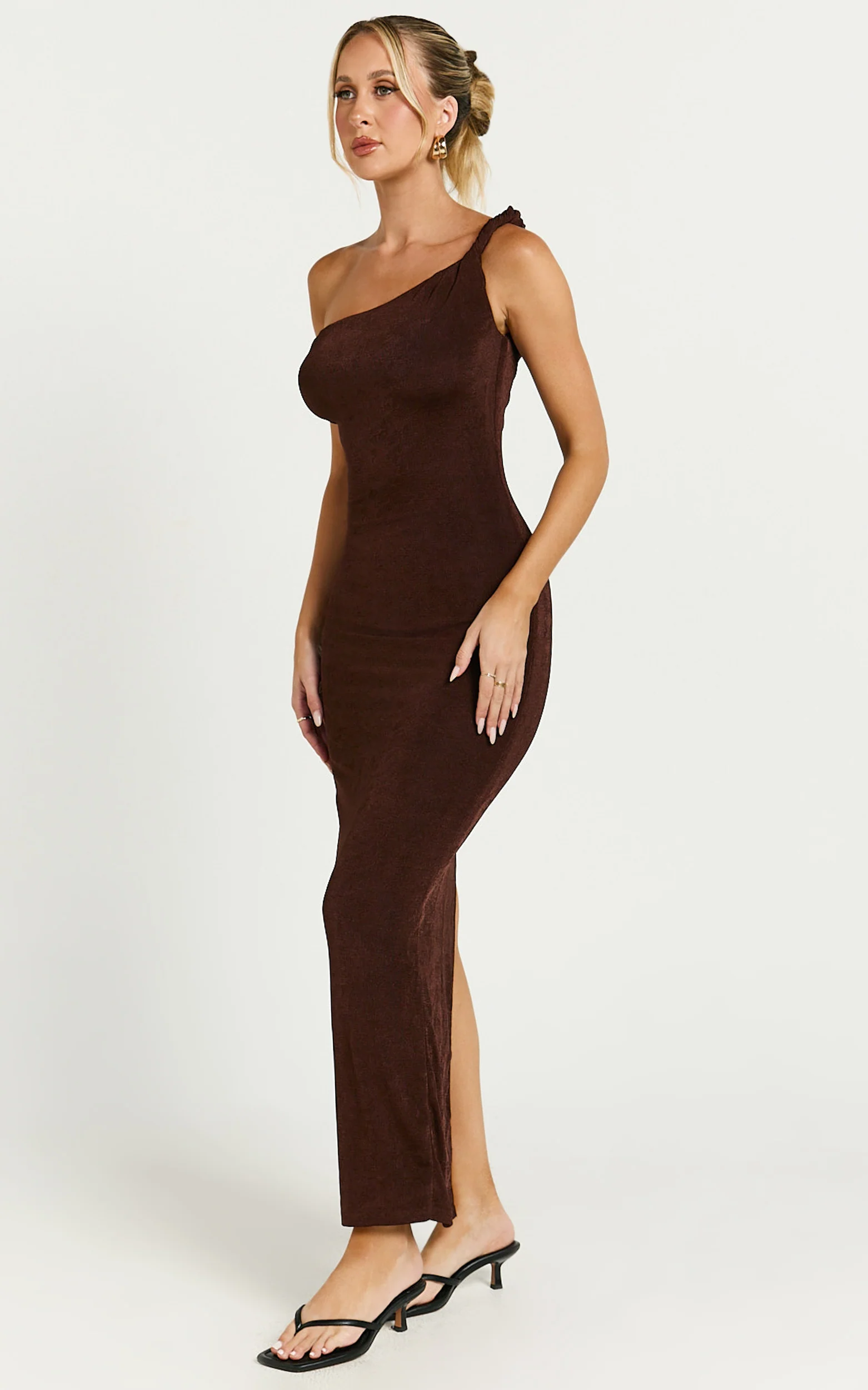 Isabel Midi Dress - Twist Off Shoulder Bodycon Dress in Chocolate