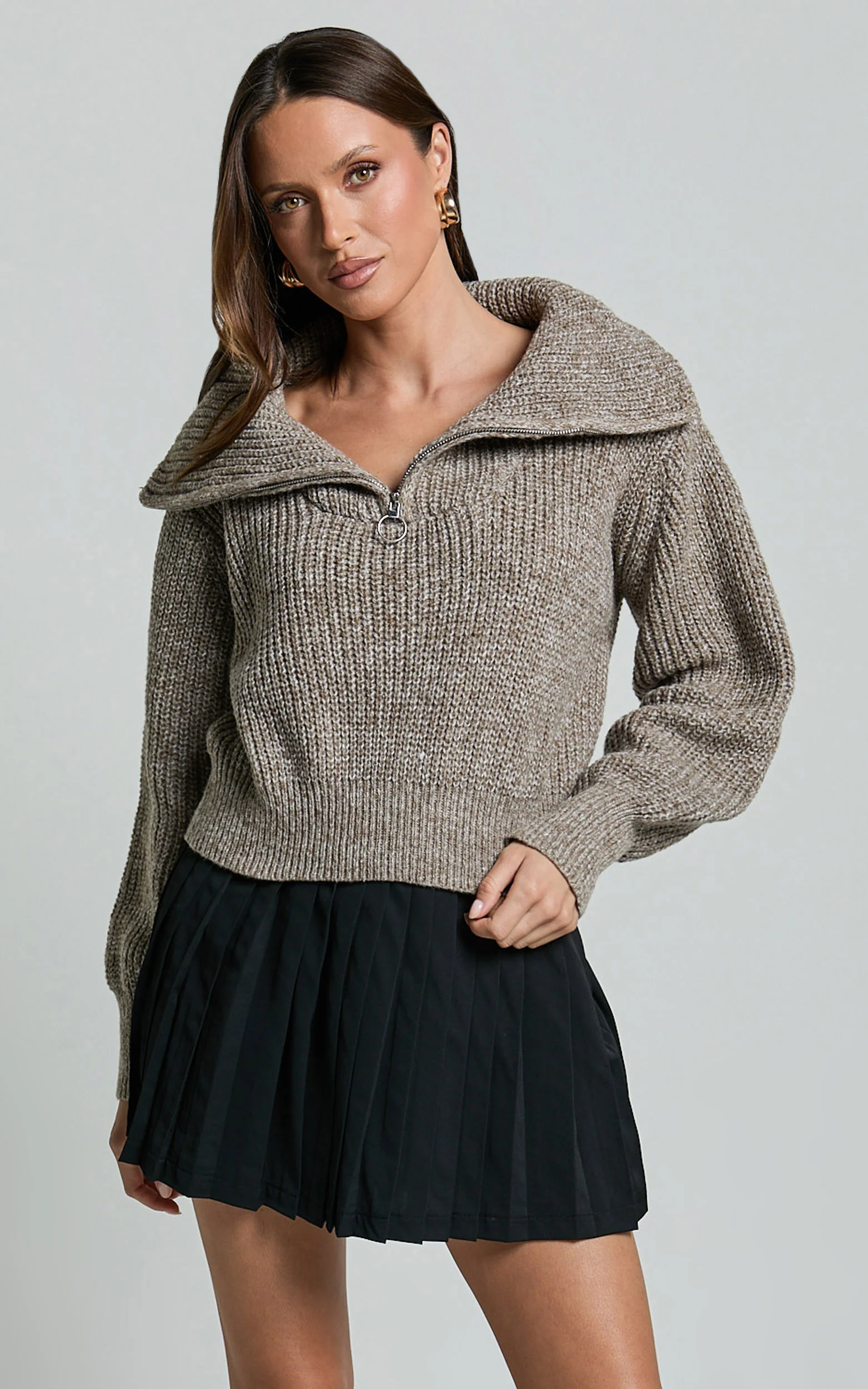 Ace Jumper - Chunky Quarter Zip Knit Jumper in Taupe