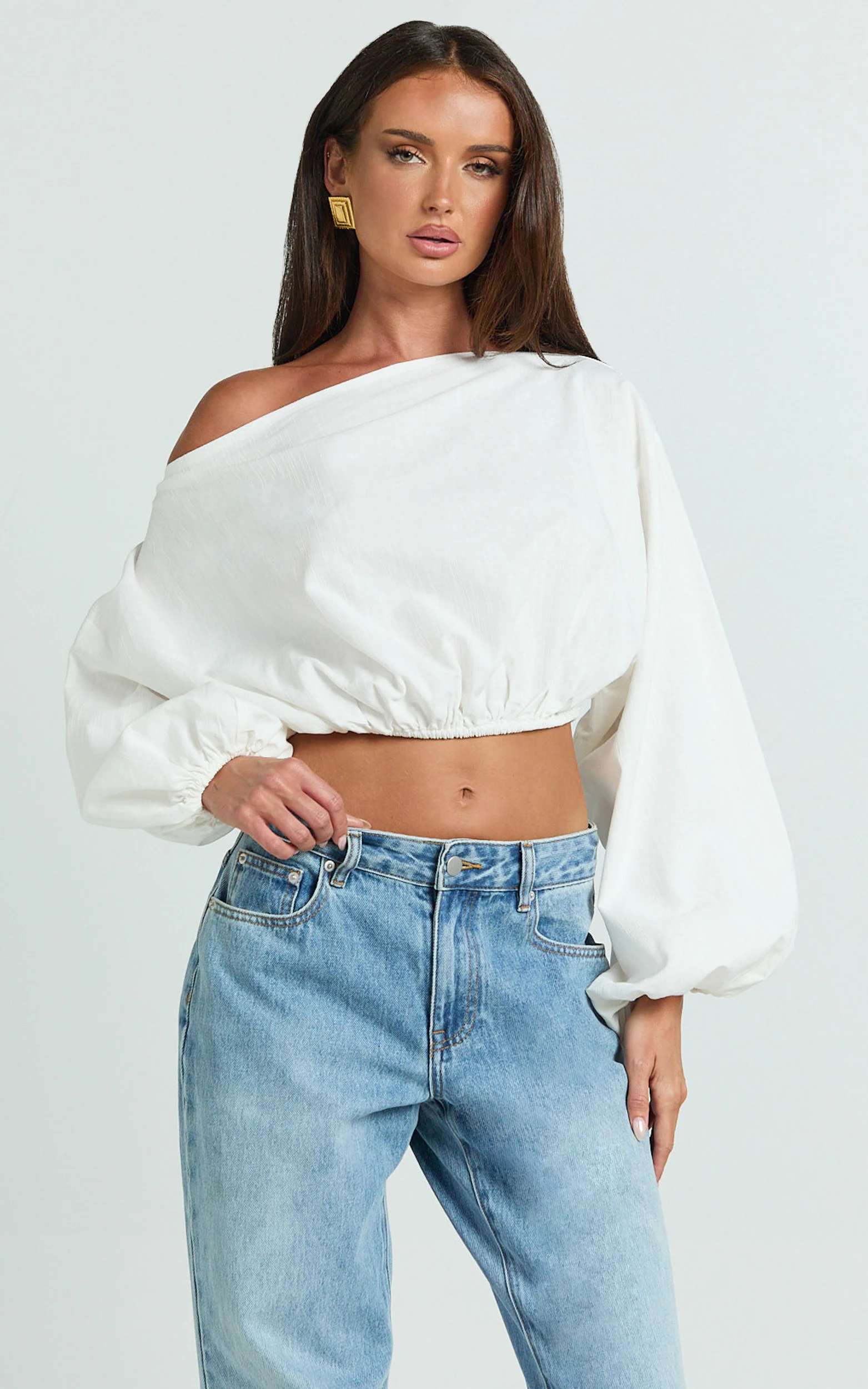 Alesia Top - Asymmetrical Boat Neck Elastic Hem Crop Top in White
