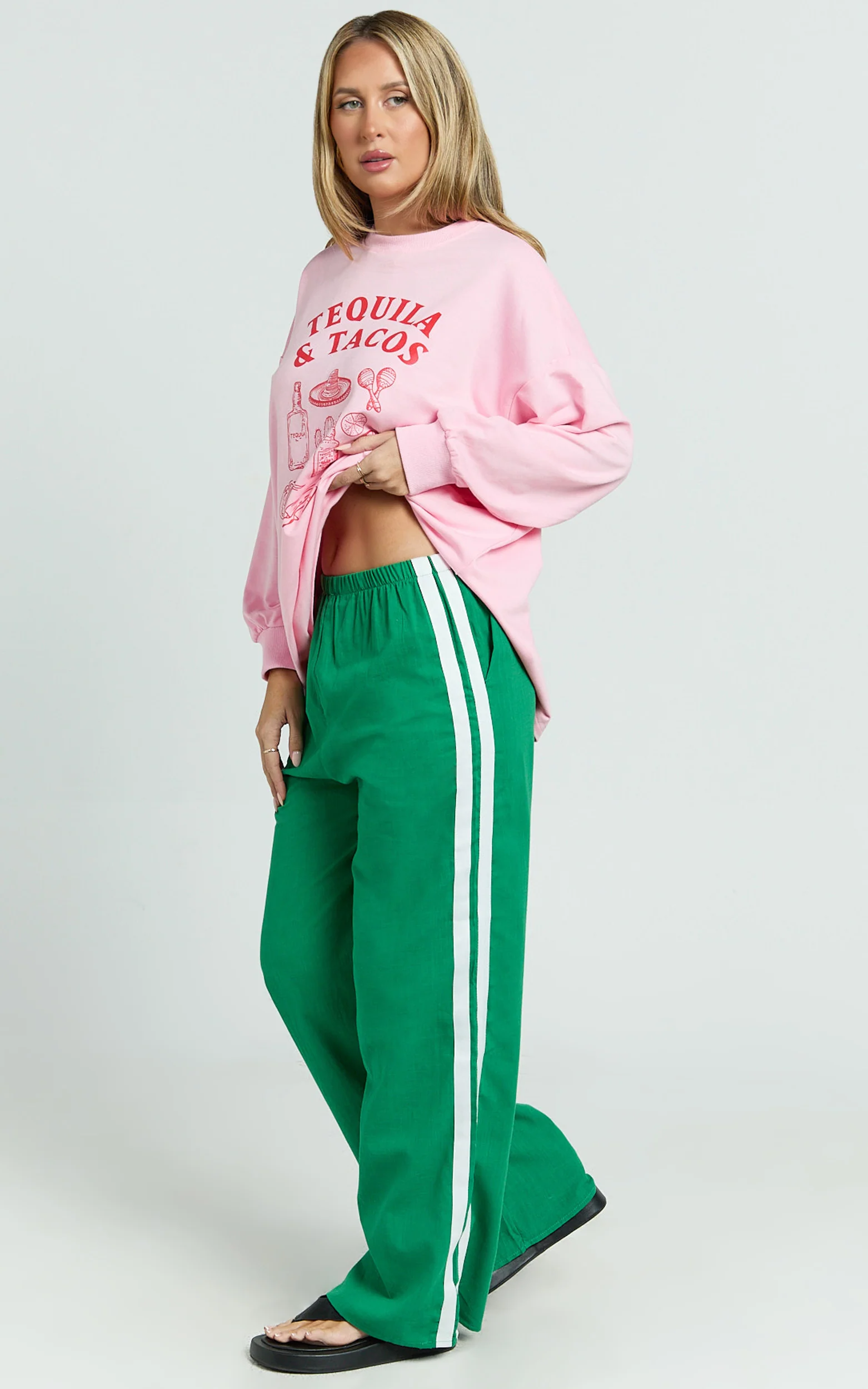 Aina Two Piece Set - Tequila & Tacos Long Sleeve Tee and Pants Set in Pink / Green