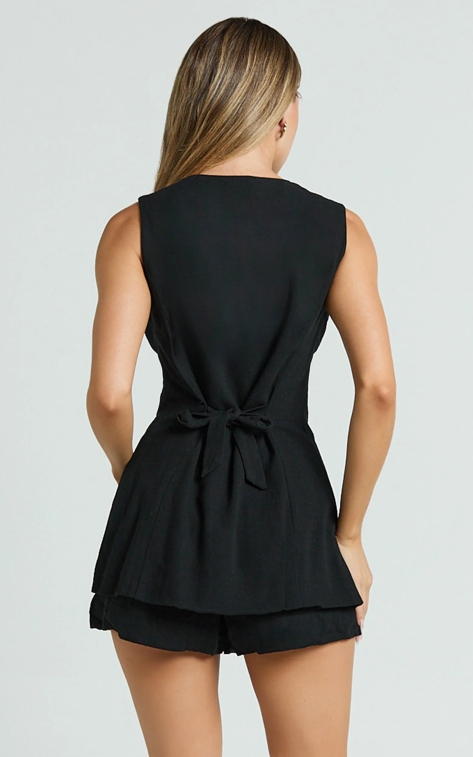 Olivia Top - Longline Linen V Neck Back Tie Vest Top in Black