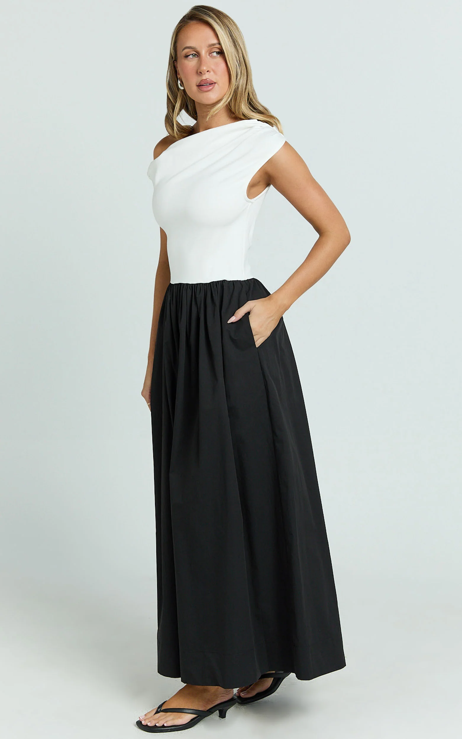Jhamie Midi Dress - One Shoulder Contrast Skirt Dress in White/Black