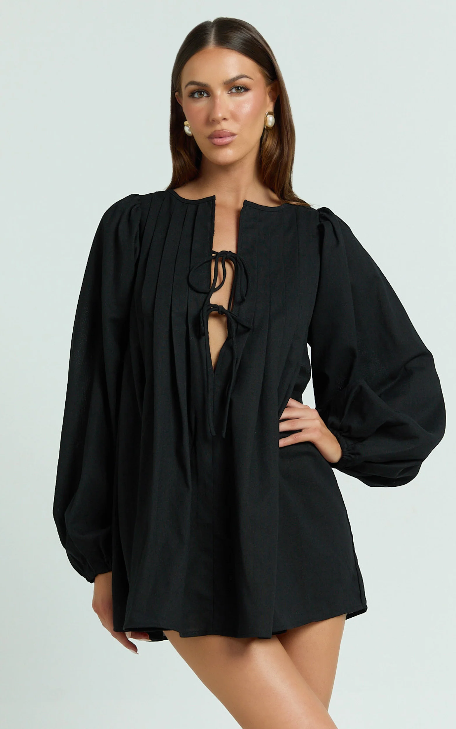 Suzette Mini Dress - High Neck Tie Front Long Sleeve Pleat Front Babydoll Dress in Black