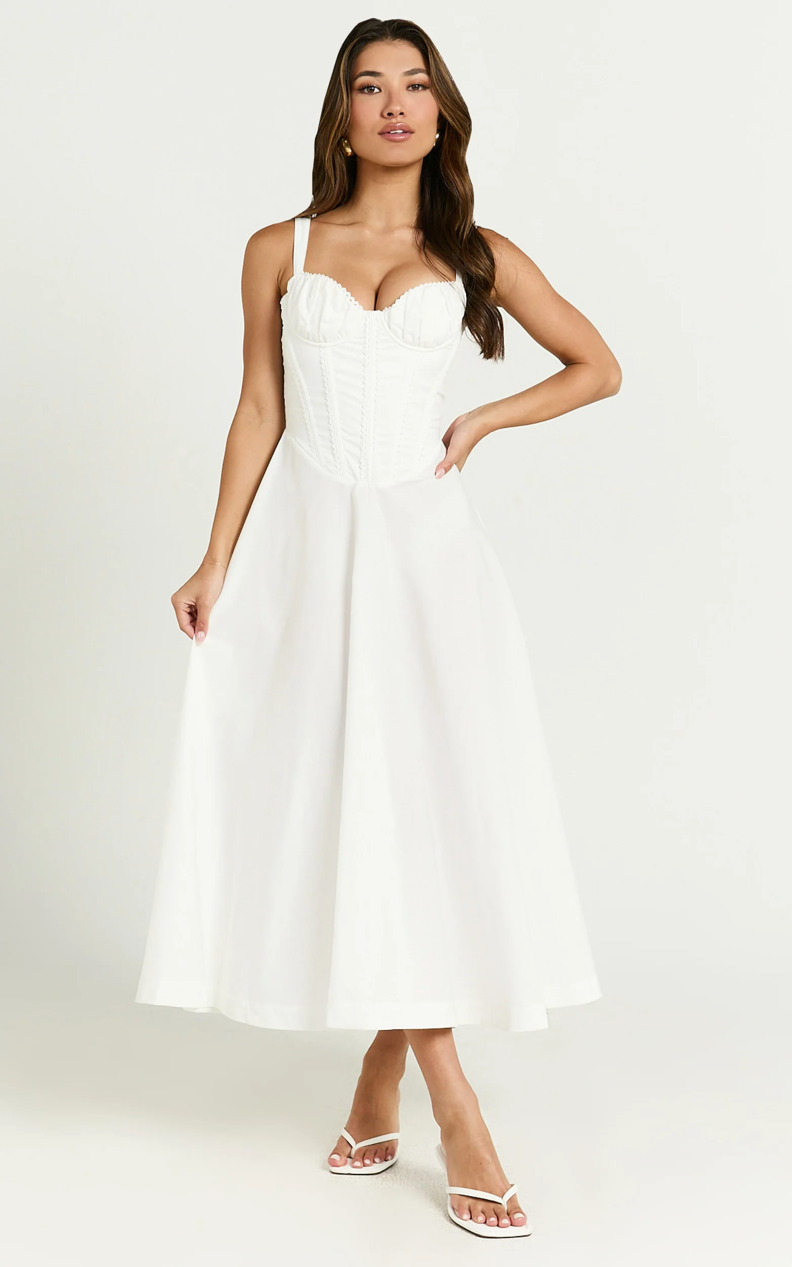 Jonas Midi Dress - Ruched Corset Lace Trim Dress in Ivory