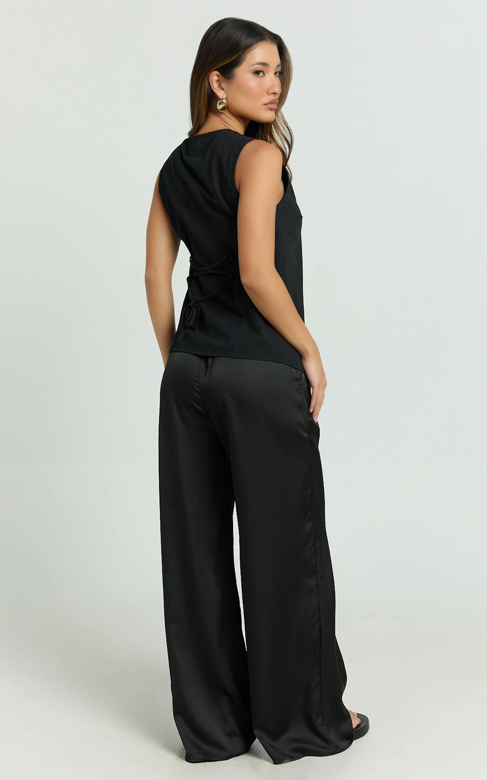 Myrna Two Piece Set - Gold Hardware Waistcoat Top and Relaxed Satin Pants Set in Black