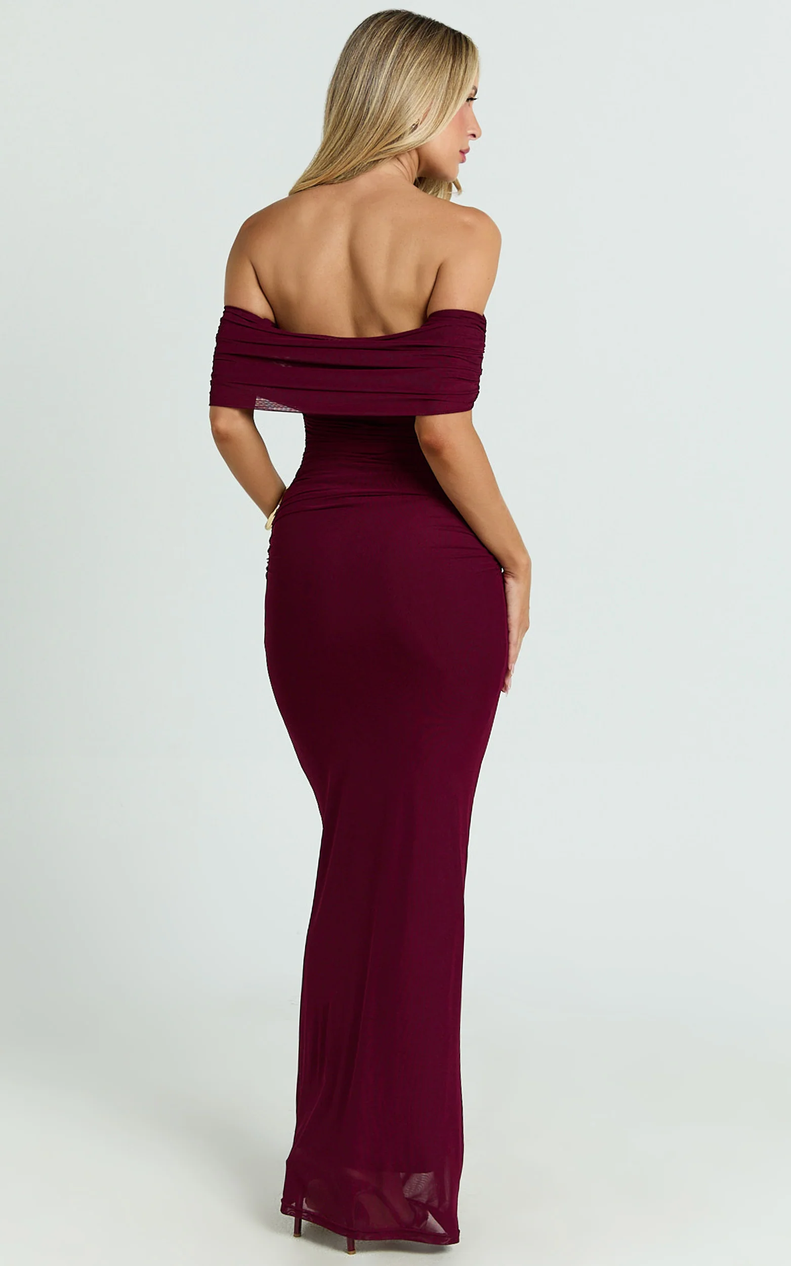 Caterina Maxi - Ruched Off Shoulder Mesh Dress in Wine