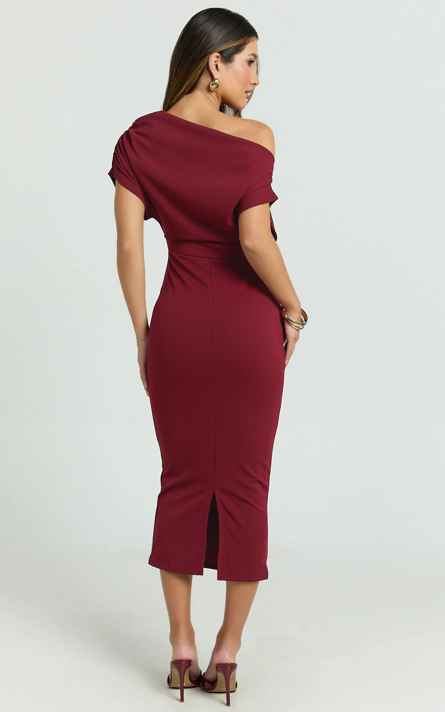 Nalfie Midi Dress - Tipped Shoulder Jersey Drape Dress in Wine