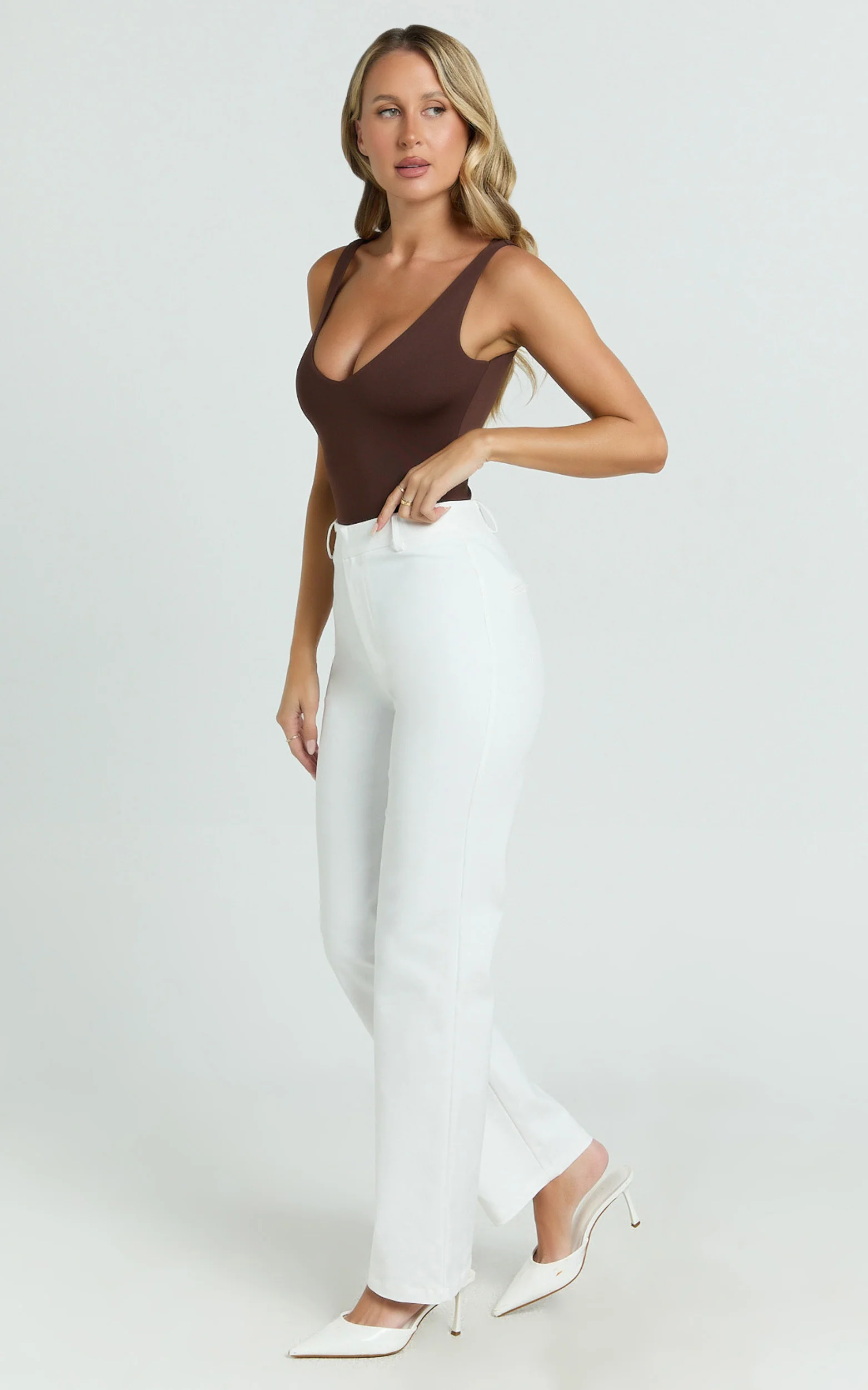 Carolyn Pants - High Waist Slim Straight Leg Tailored Pants in Off White