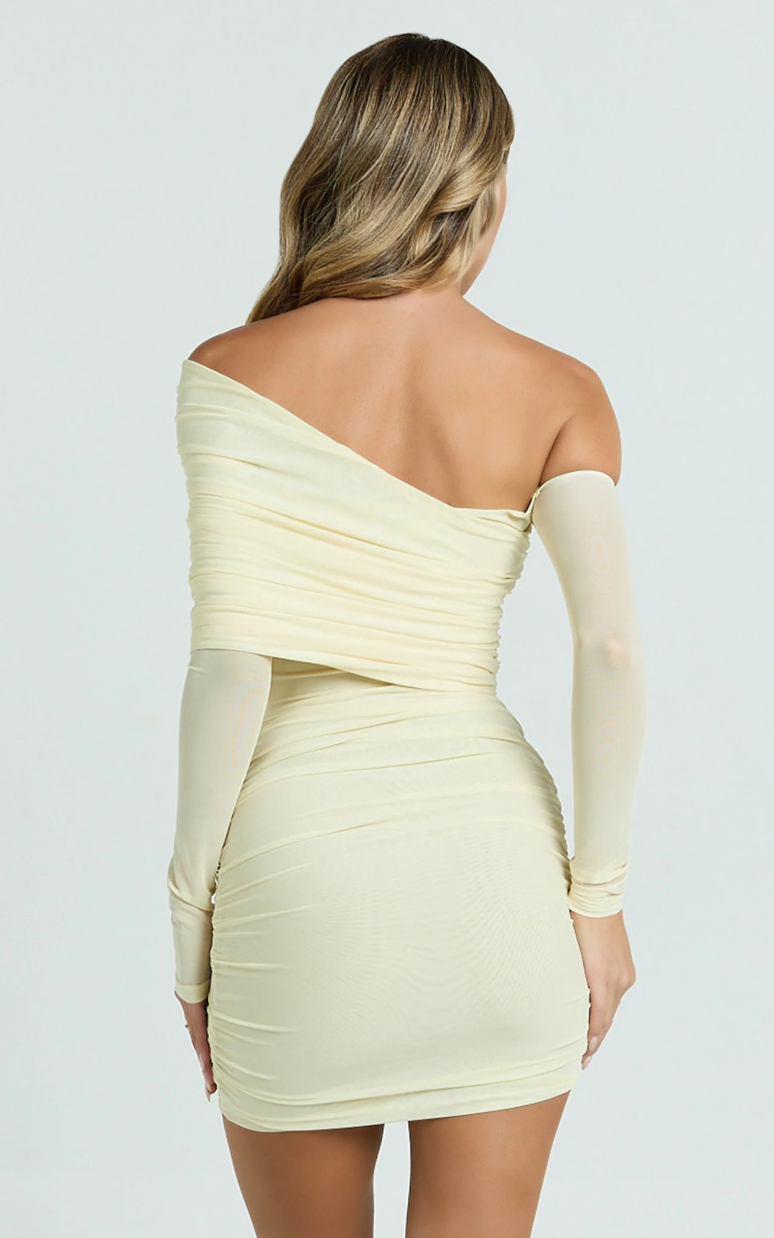 Imelda Mini Dress - Tipped Off Shoulder Long Sleeve Ruched Fitted Skirt Dress in Lemon